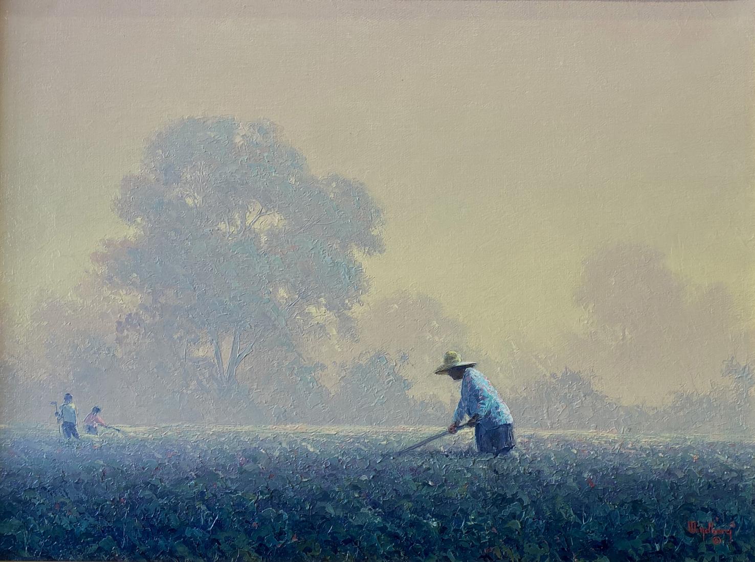 Dalhart Windberg Landscape Painting - "Morning Mist"  Farm Field Scene