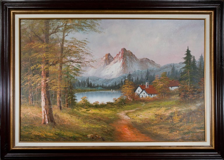 Dalhart Windberg - "Mountain, Lake, and Cottage," original oil painting