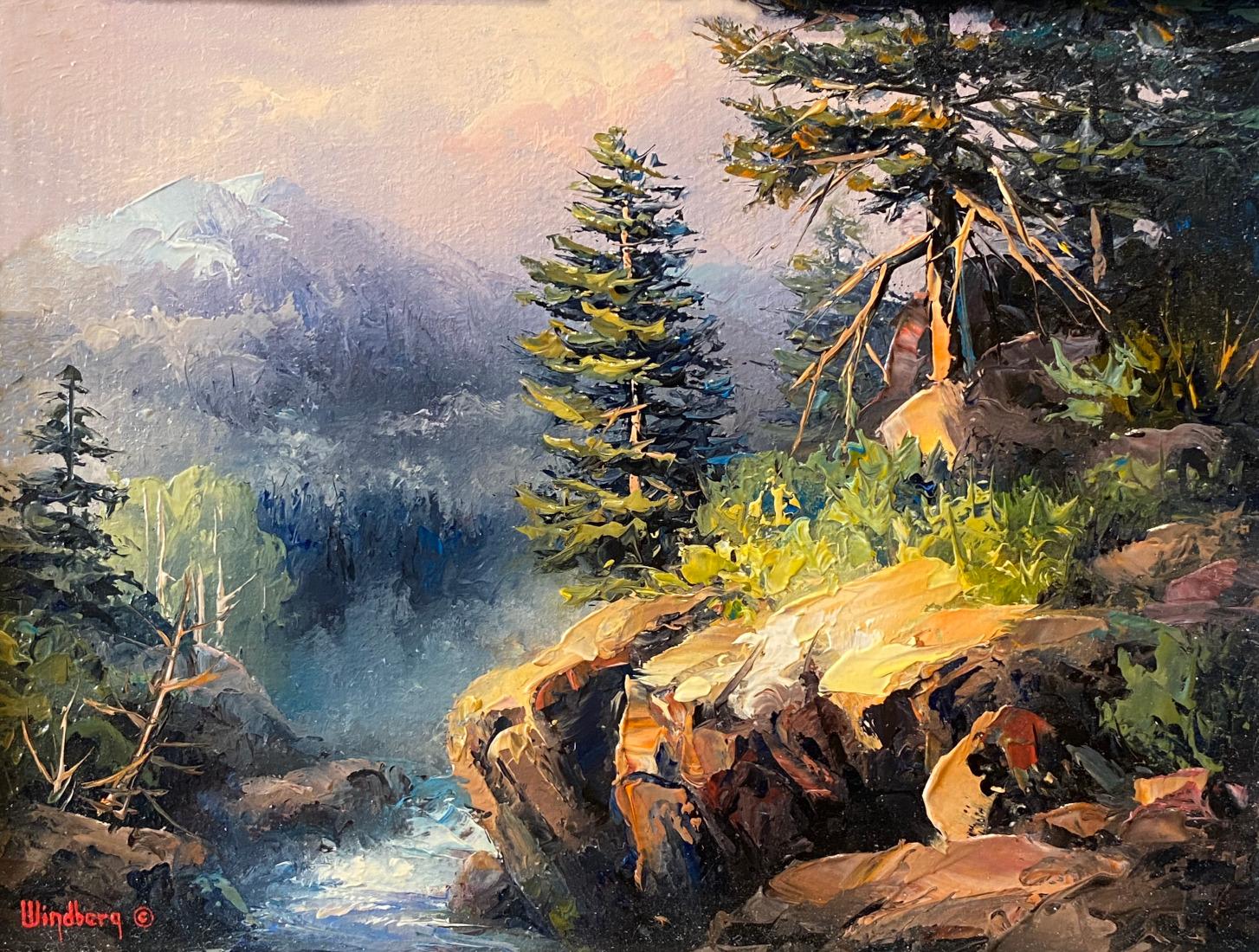 Dalhart Windberg Landscape Painting - "Mountain Stream"  Awesome small painting by one of the best.  Rockies?