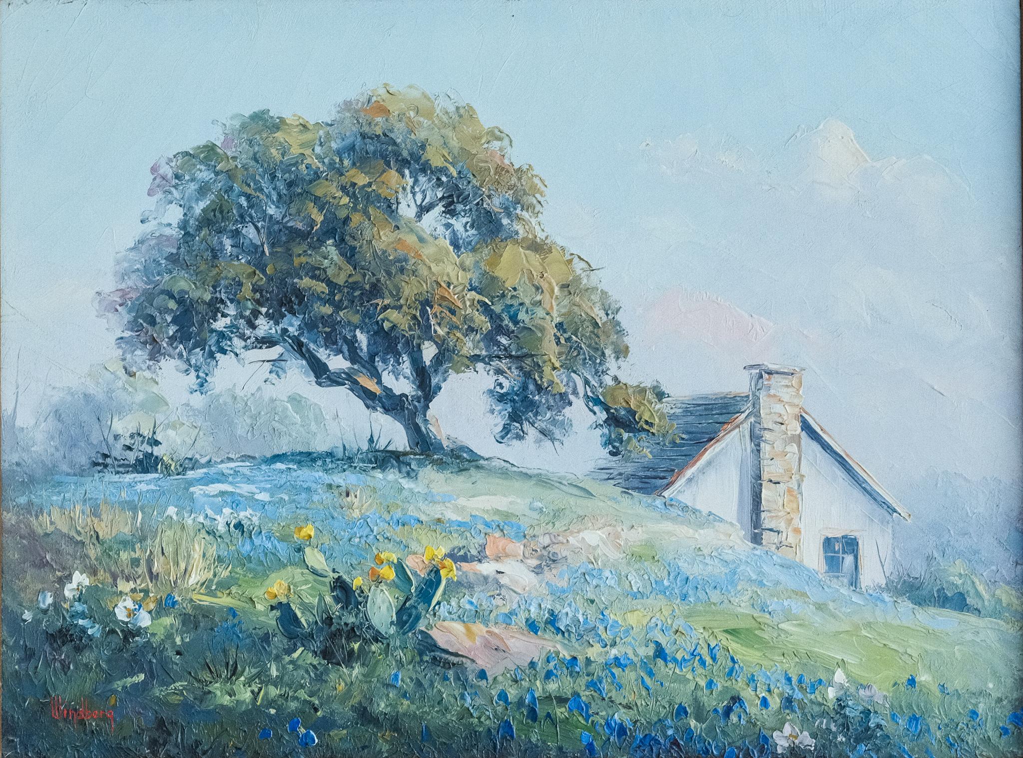 Dalhart Windberg Landscape Painting – "Texas Pastoral Bluebonnet Scene" Gerahmtes Ölgemälde Frühling Wildblumen Bauernhof