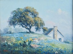 "Texas Pastoral Bluebonnet Scene" Framed Oil Painting Spring Wildflowers Farm