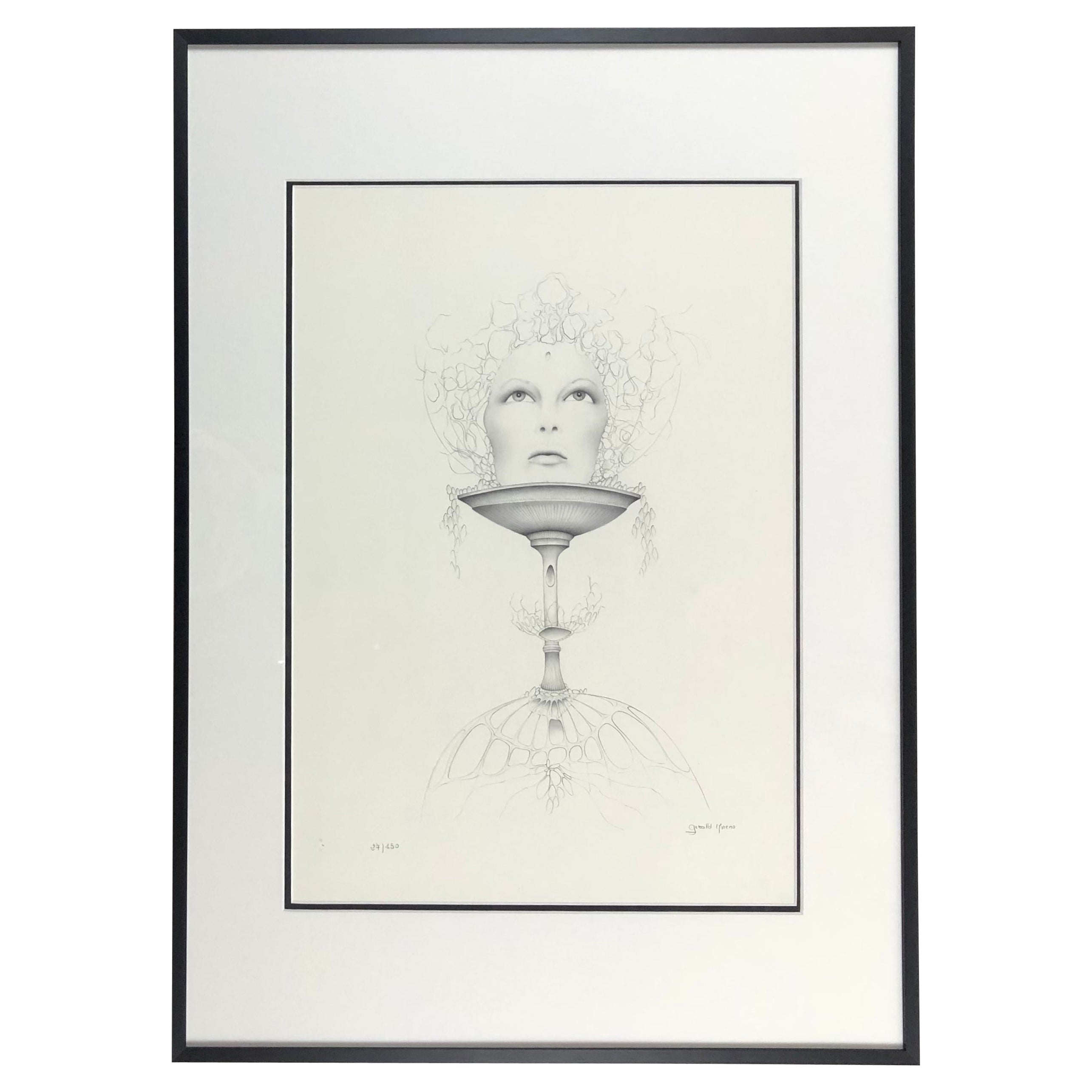 Surrealistische schwarz-weiße Lithographie von Gerald Moreno, inspiriert von Dali