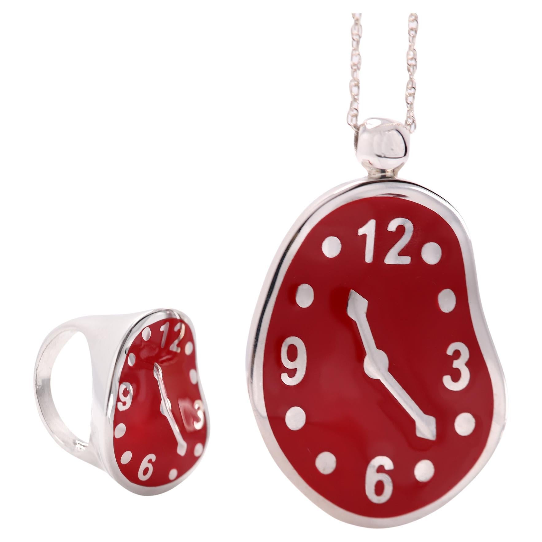 Dali Melting Clock Art Inspired Jewelry Sterling Silver 925 Jewelry Gift Set  For Sale