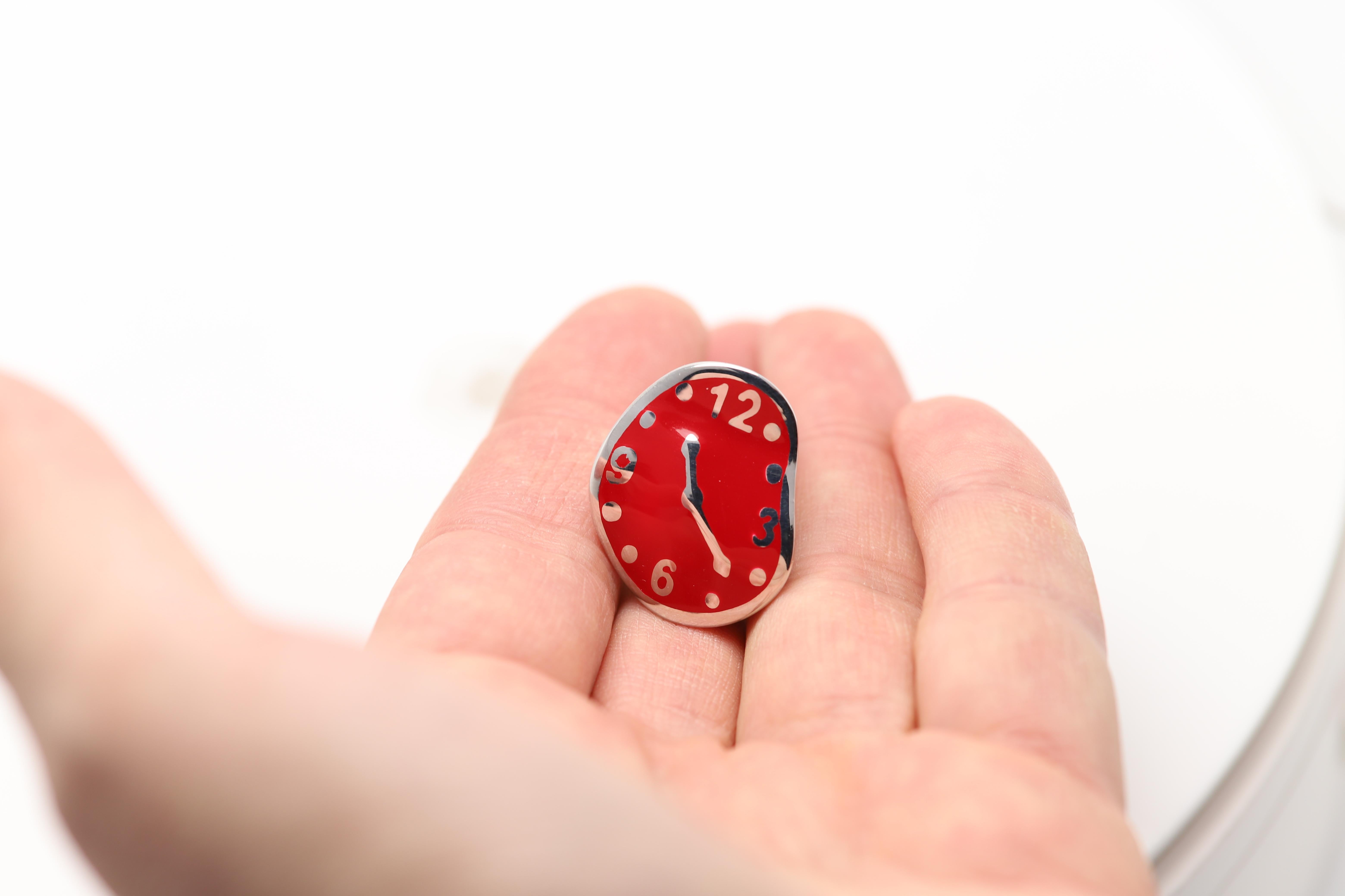 Women's Dali Melting Clock Inspired Ring Sterling Silver Red Enamel Fine Art Ring  For Sale