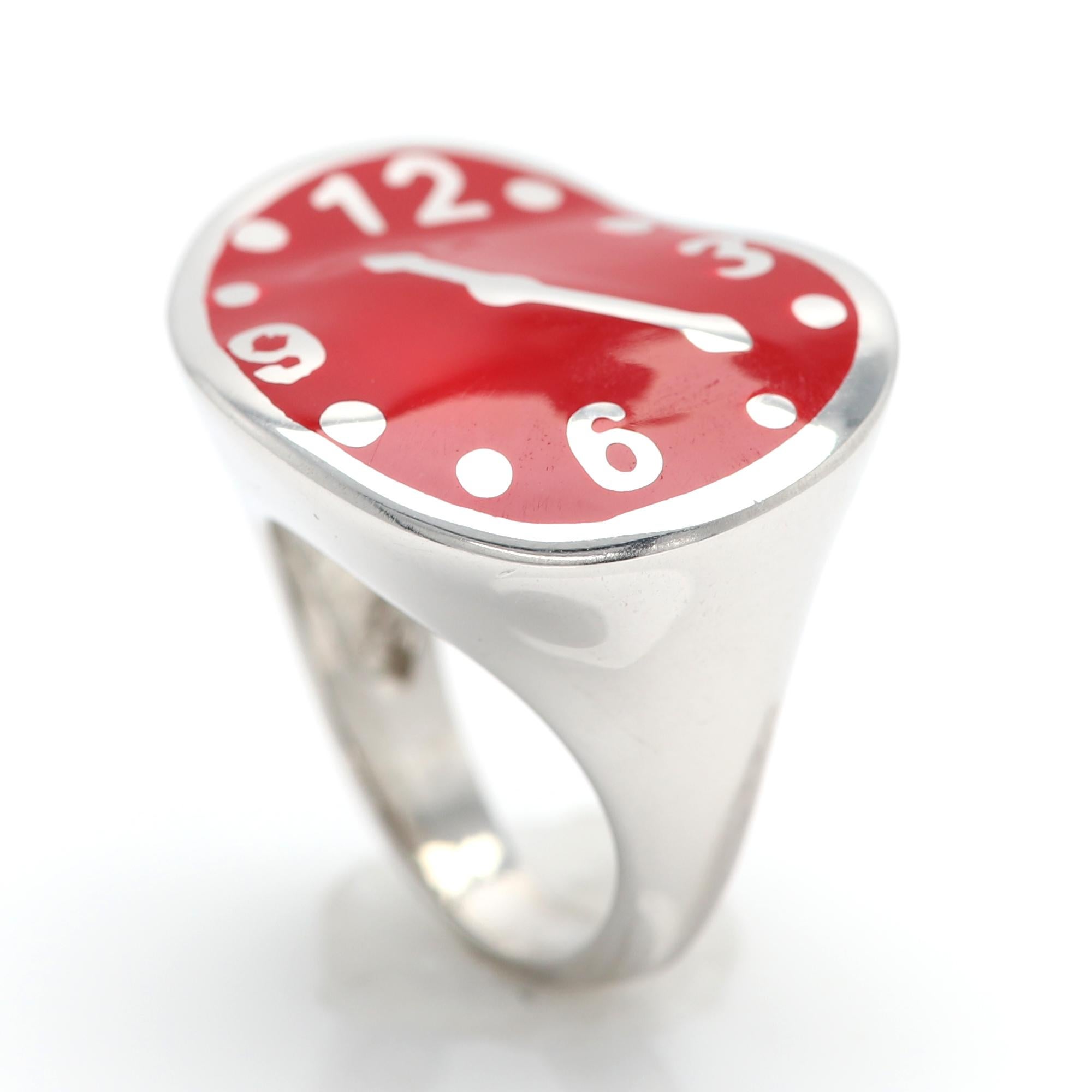 Dali Melting Clock Inspired Ring Sterling Silver Red Enamel Fine Art Ring  For Sale 1
