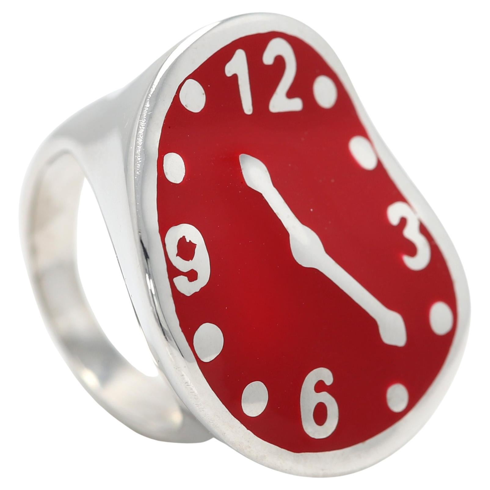 Dali Melting Clock Inspired Ring Sterling Silver Red Enamel Fine Art Ring  For Sale