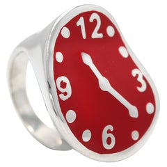 Dali Bague d'inspiration horloge en argent sterling et émail rouge, bague d'art 