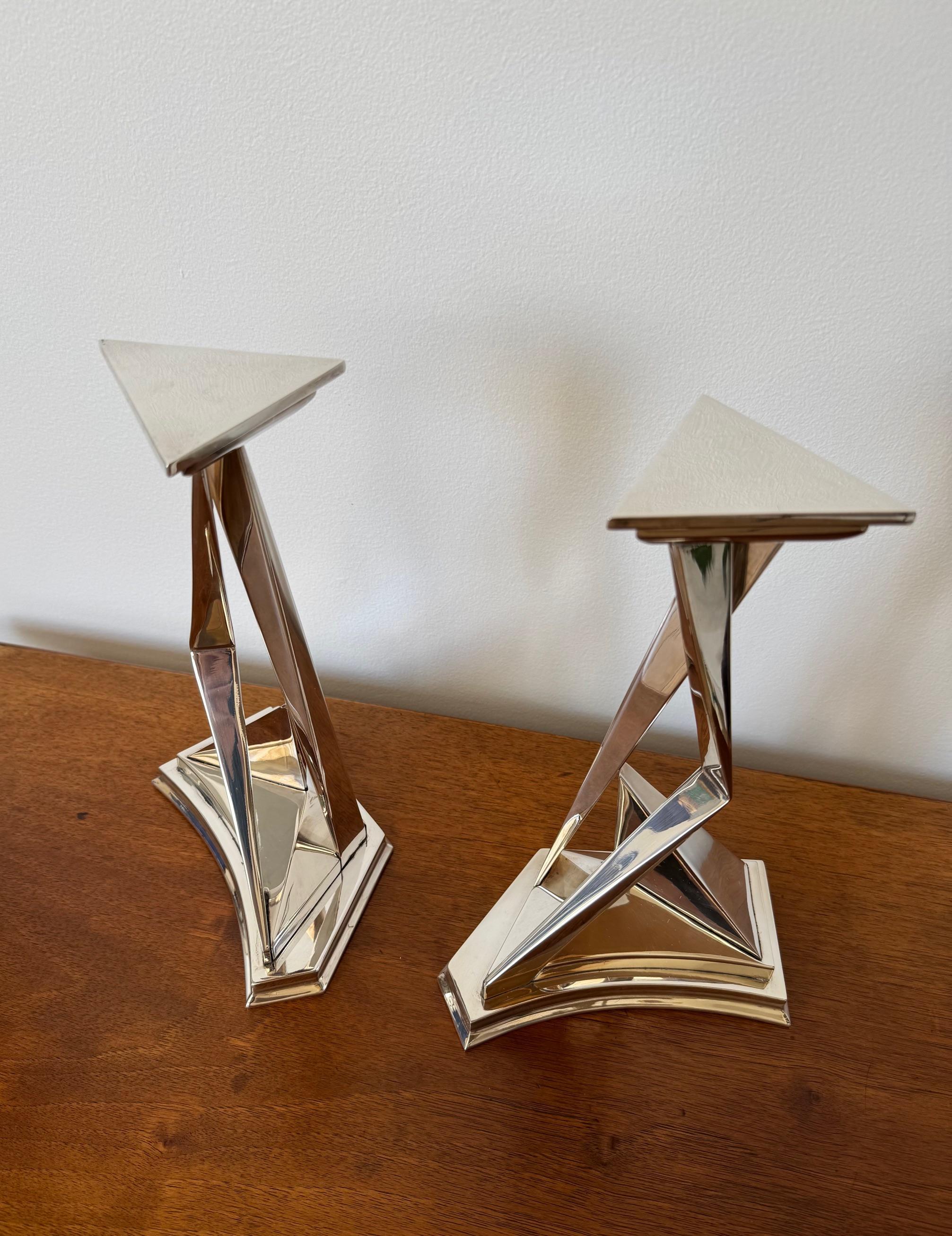 Paire de sculptures ou bougeoirs en bronze argenté de Dali 