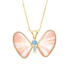 Dalia Butterfly 14k Gold Necklace with Natural Diamond, Blue Zircon & Shell