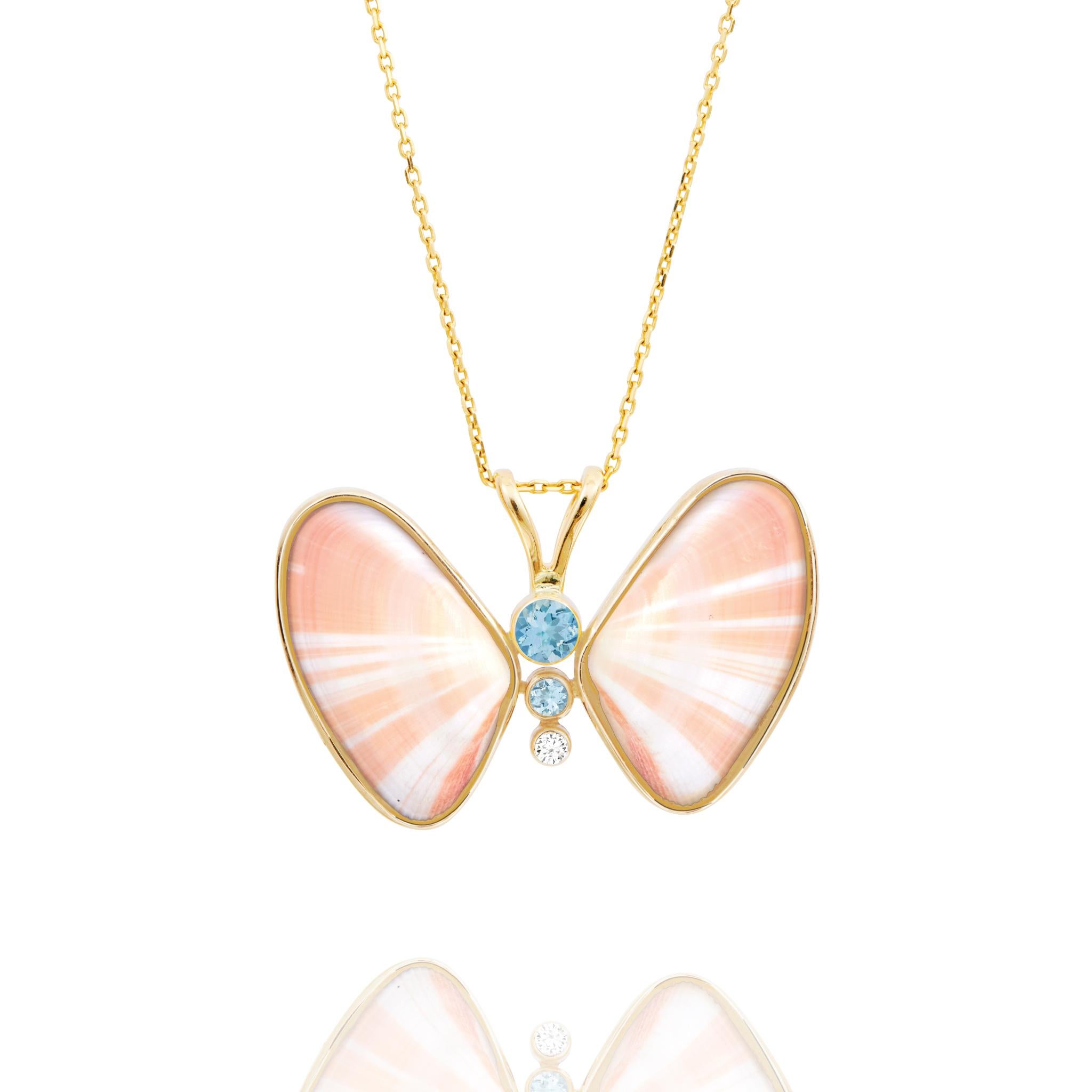 Modern Dalia Butterfly 14k Gold Necklace with Natural Diamond, Blue Zircon & Shell For Sale