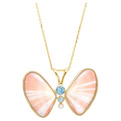 Dalia Butterfly 14k Gold Necklace with Natural Diamond, Blue Zircon & Shell