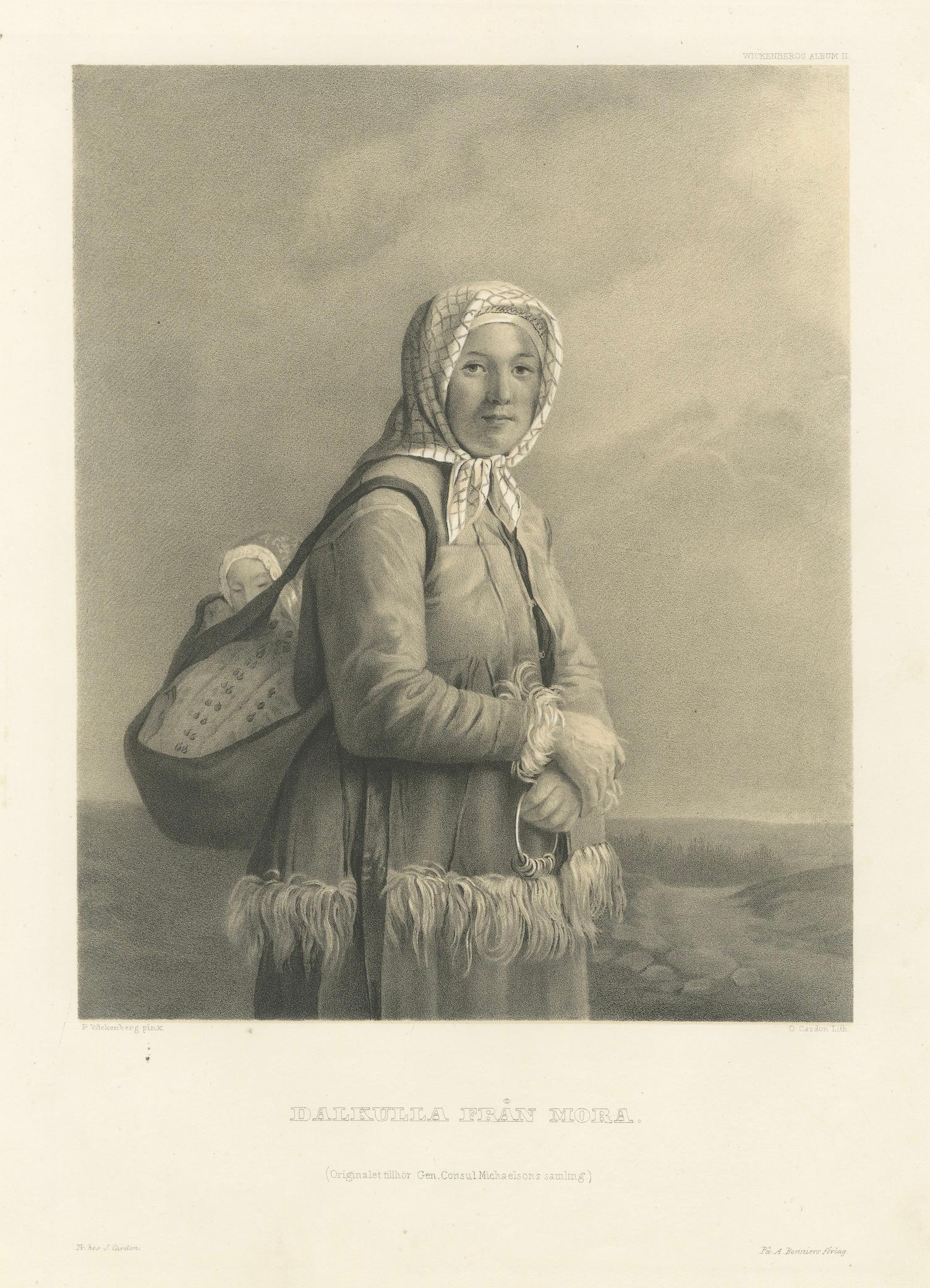 Dalkulla från Mora, Swedish Folk Costume Lithograph by Pehr Wickenberg, 1850