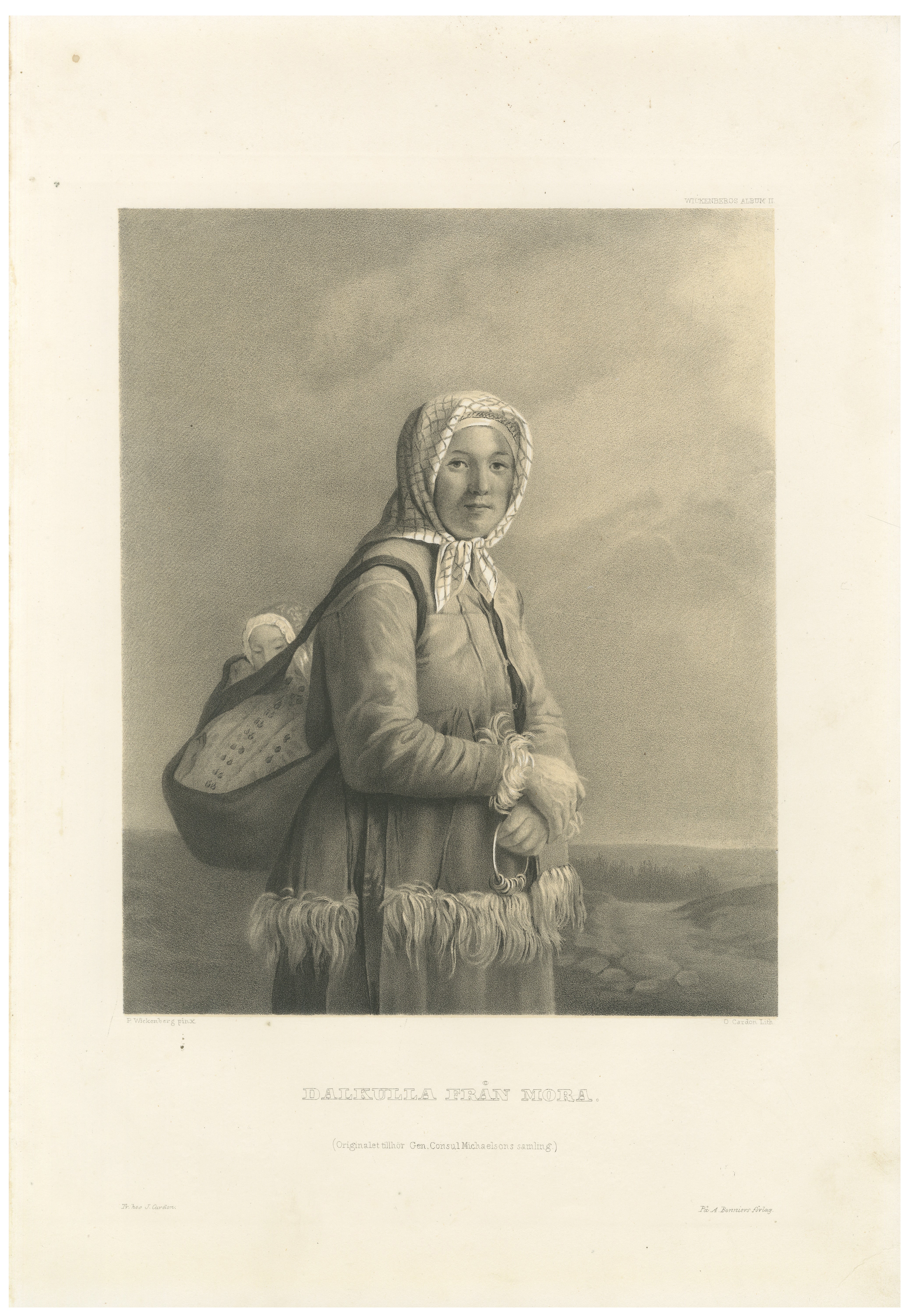 Dalkulla från Mora, Swedish Folk Costume Lithograph by Pehr Wickenberg, 1850