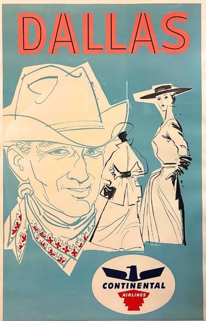 Offered is an attractive Continental Air Lines travel poster advertising Dallas, Texas, circa 1965. This travel poster features illustrations of a man and two women dressed in classic western attire against a light blue background. The figures are
