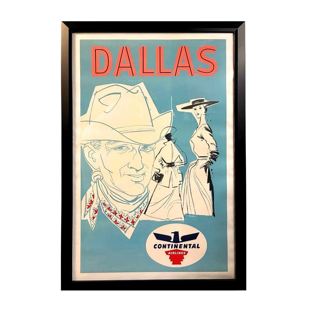 Offered is an attractive Continental Air Lines travel poster advertising Dallas, Texas, circa 1965. This travel poster features illustrations of a man and two women dressed in classic western attire against a light blue background. The figures are