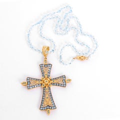 Dallas Prince Designs Blue Topaz Blue Diamond Yellow Gold Cross Necklace