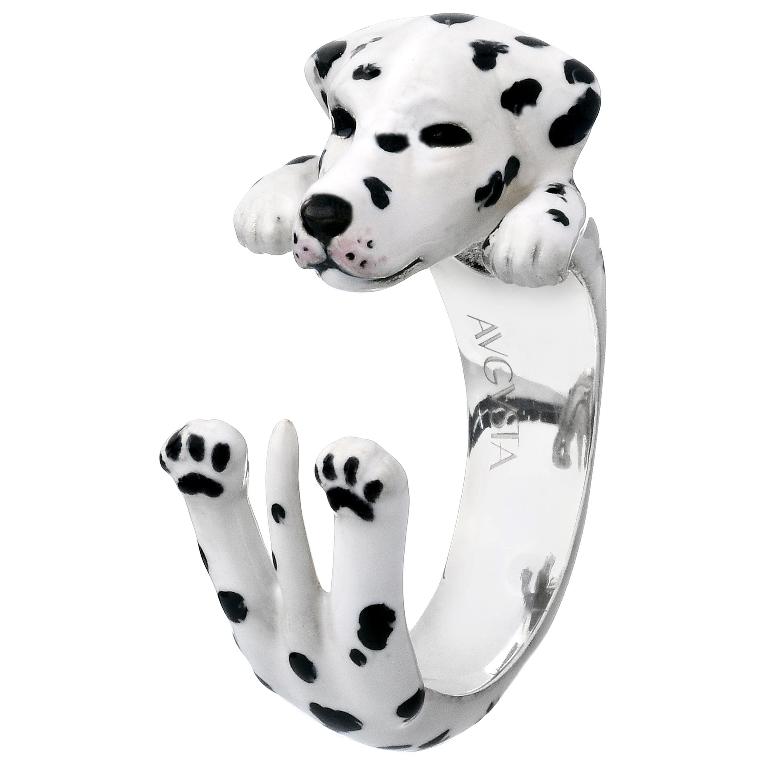 Dalmata Dog Sterling Silver 925 Enamel Customizable Ring For Sale