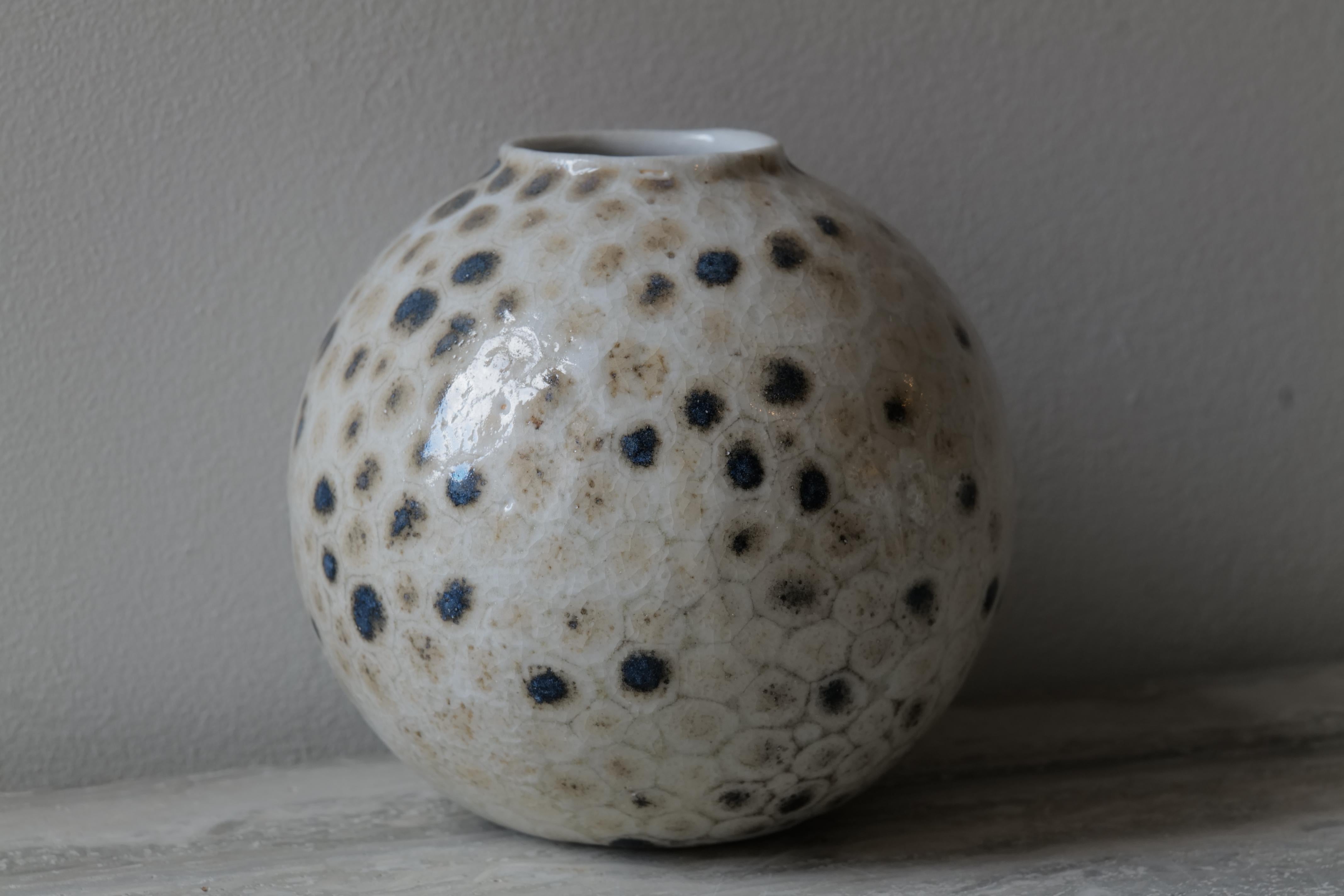 Die Dalmatian Medium Globe Vase ist eine kühne und zeitgemäße Interpretation von natürlicher Textur und spielerischem Kontrast. Das aus hochwertigem Porzellan handgefertigte Stück hat eine abgerundete Kugelsilhouette mit einer unregelmäßig