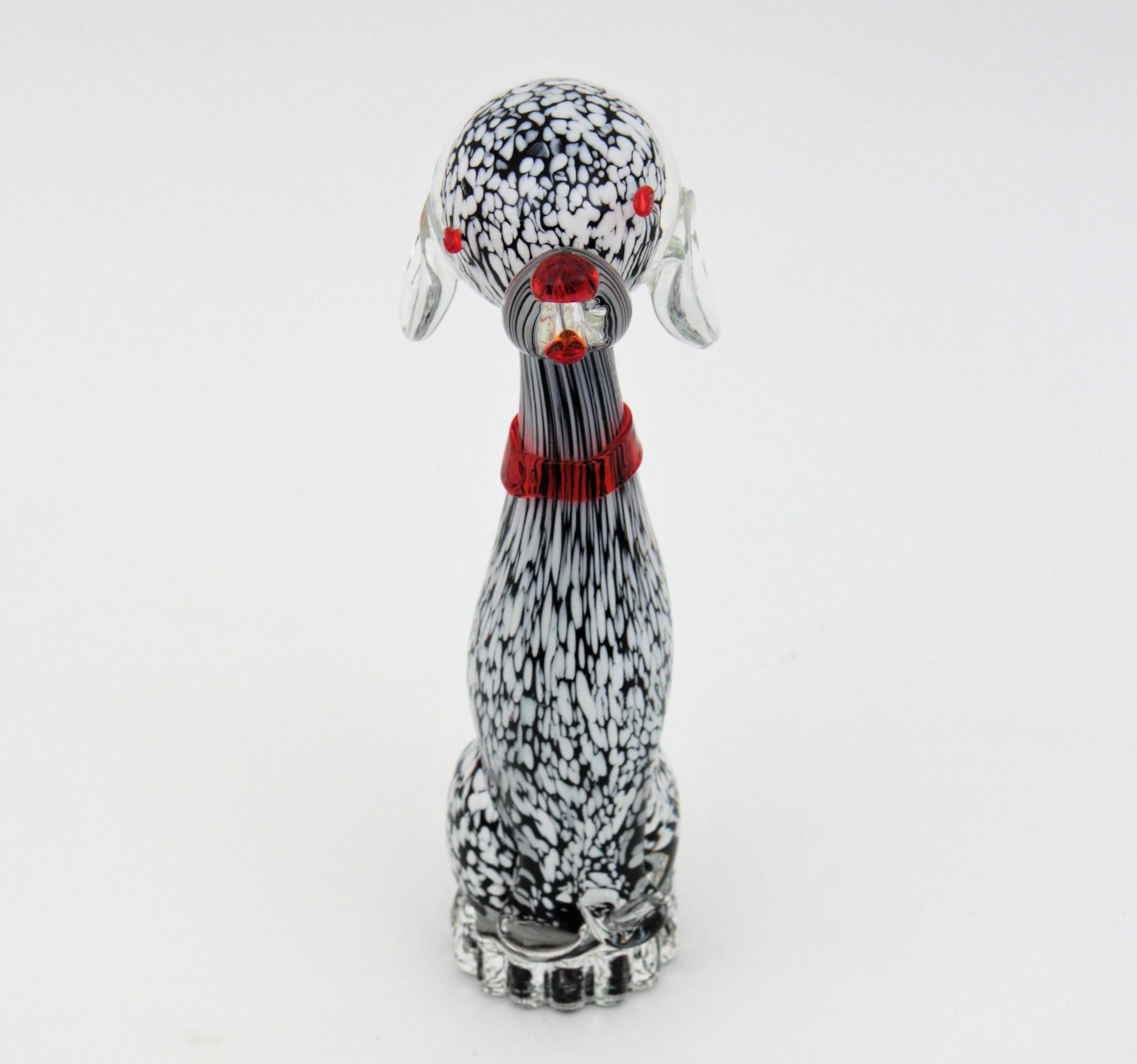 italien Dalmatien Murano Glass Black White Spotted Puppy Dog Figure Paperweight (Presse-papier) en vente