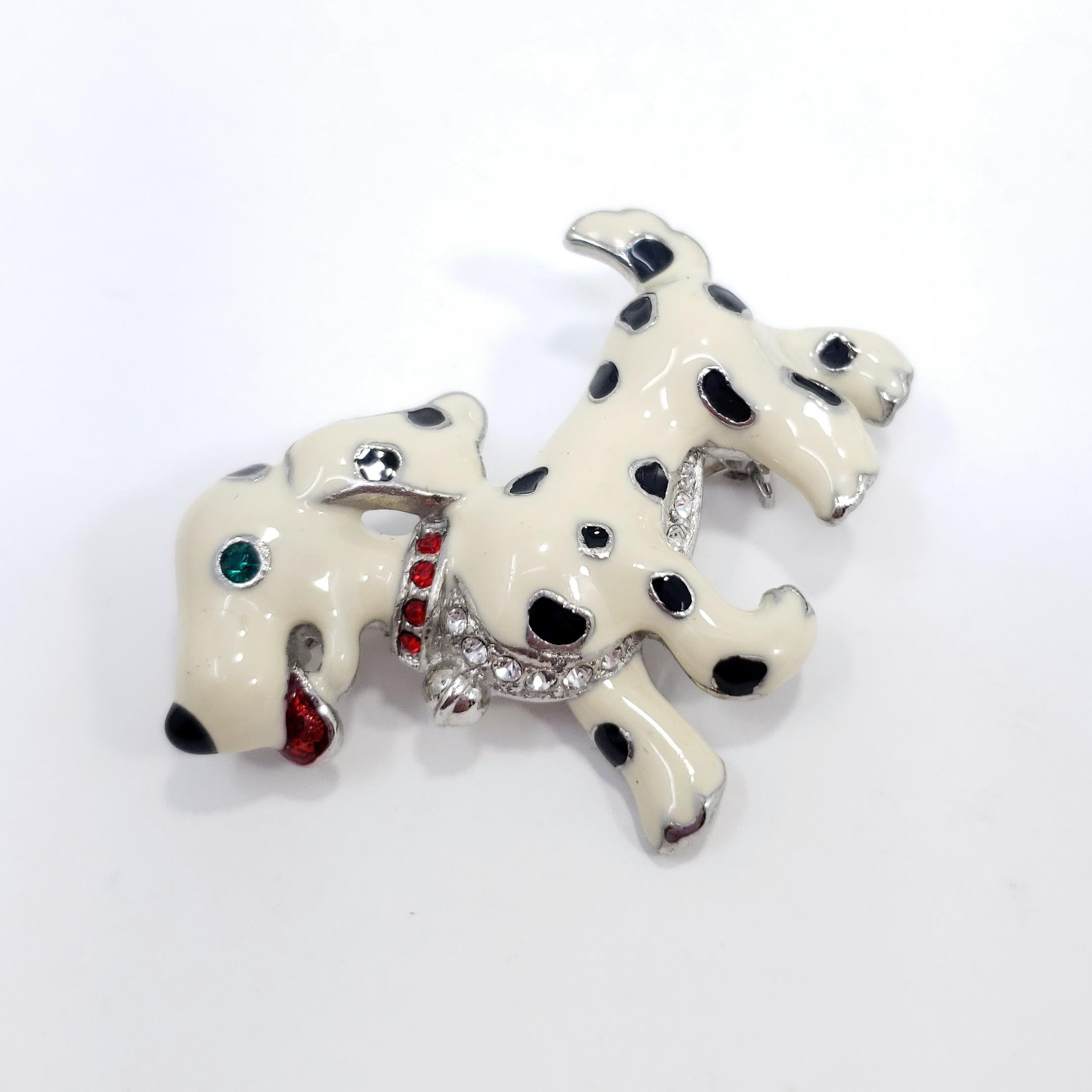 This lively dalmatian puppy is painted with black & white enamel and colorful crystals. Perfect for a touch of stylish liveliness!

Silver-tone. Circa late 1900s.