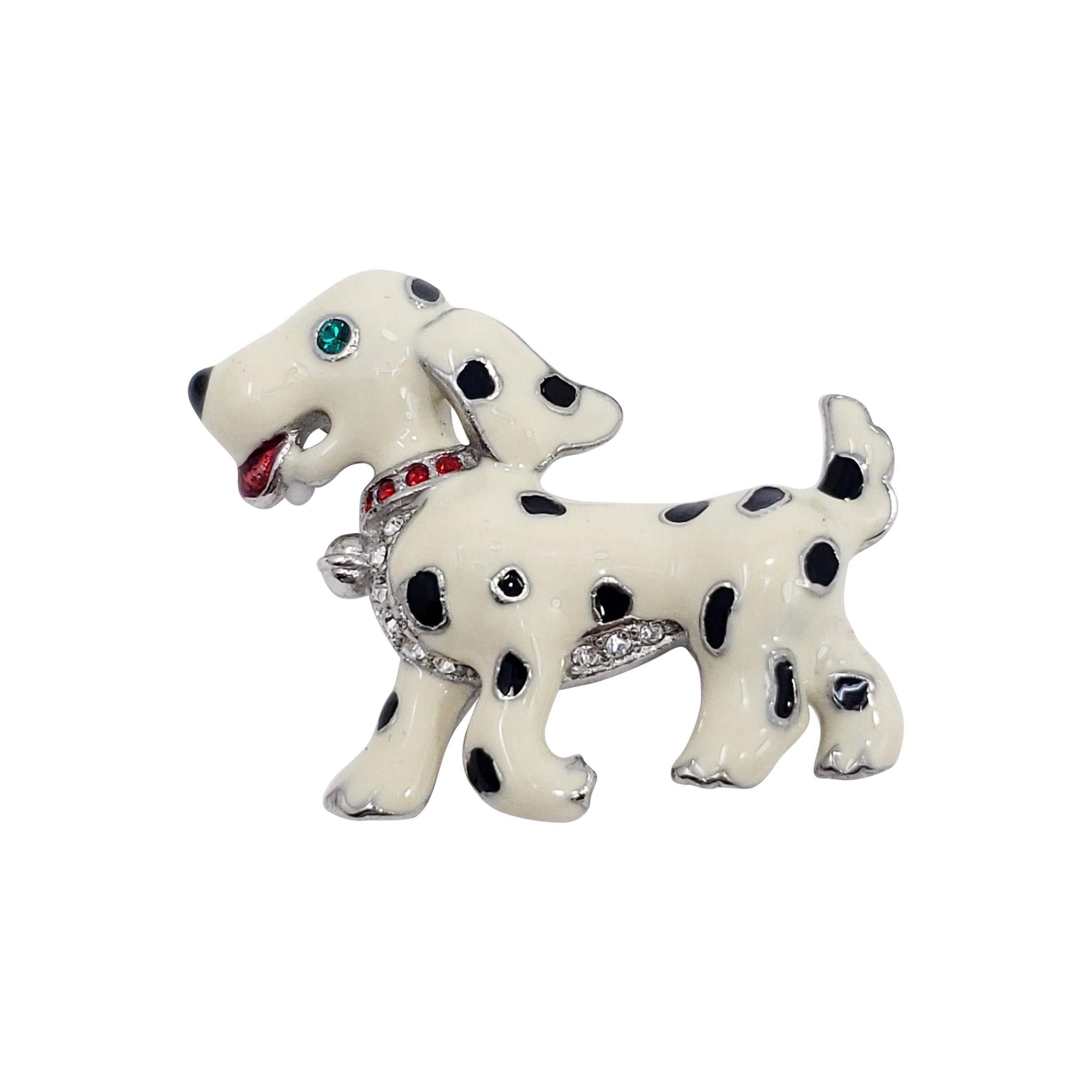 Dalmatian Pup Pin Brooch, Black and White Enamel with Crystals, Late 1900s