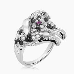 Dalmatian Puppy White & Black Diamonds 18K White Gold Dog Ring
