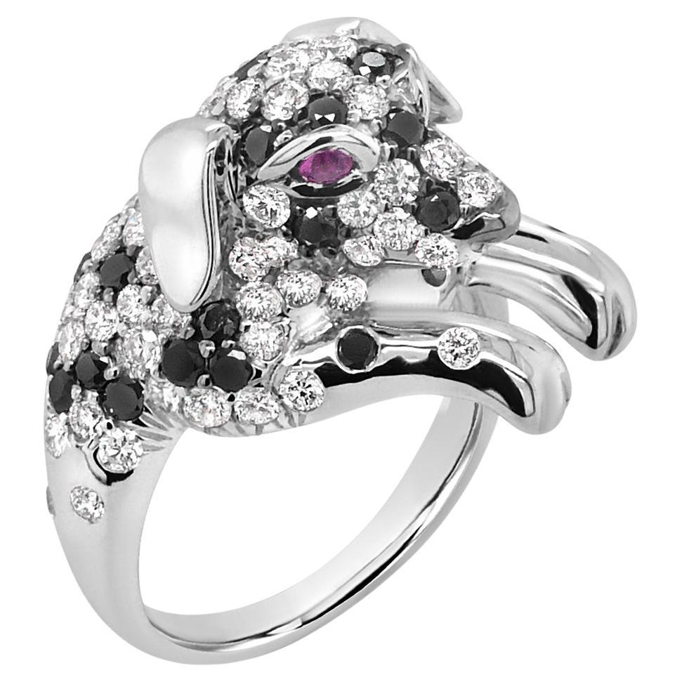Dalmatiner Welpe Weiß & Schwarz Diamanten 18K Weißgold Hund Ring im Angebot