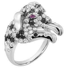 Dalmatiner Welpe Weiß & Schwarz Diamanten 18K Weißgold Hund Ring