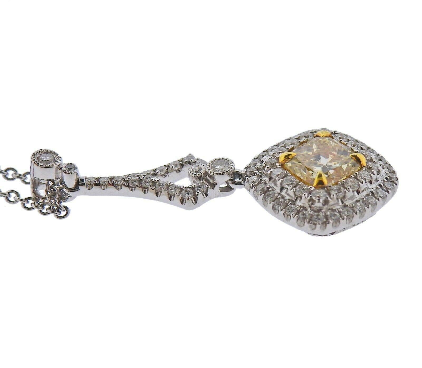 Cushion Cut Dalumi GIA 2.40 Carat Fancy Yellow Diamond Gold Pendant Necklace
