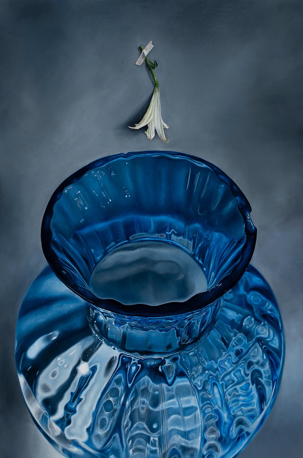 Dalvin Byron’s “Aperture” is a 36 x 24 x 2 inch oil painting on wood panel. It is from the glass series that preceded his “dream journal” paintings. A transparent blue vase stands in contrast against a muted blue-grey void. The meticulous rendering