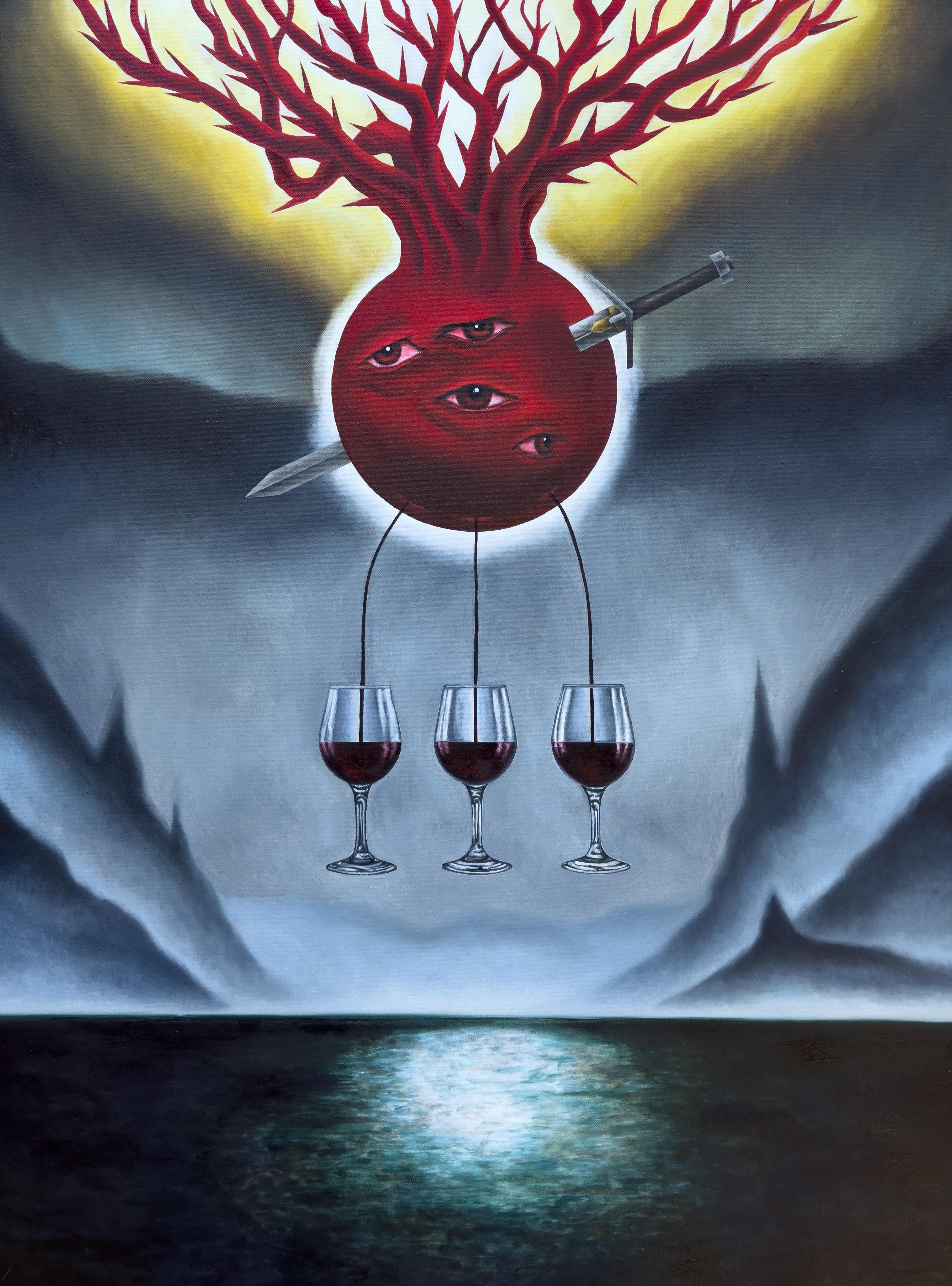 Dalvin Byron Landscape Painting – "Gezeugt", Surrealist, Dunkelheit, Augen, Weingläser, Baum, Wasser, Ölgemälde