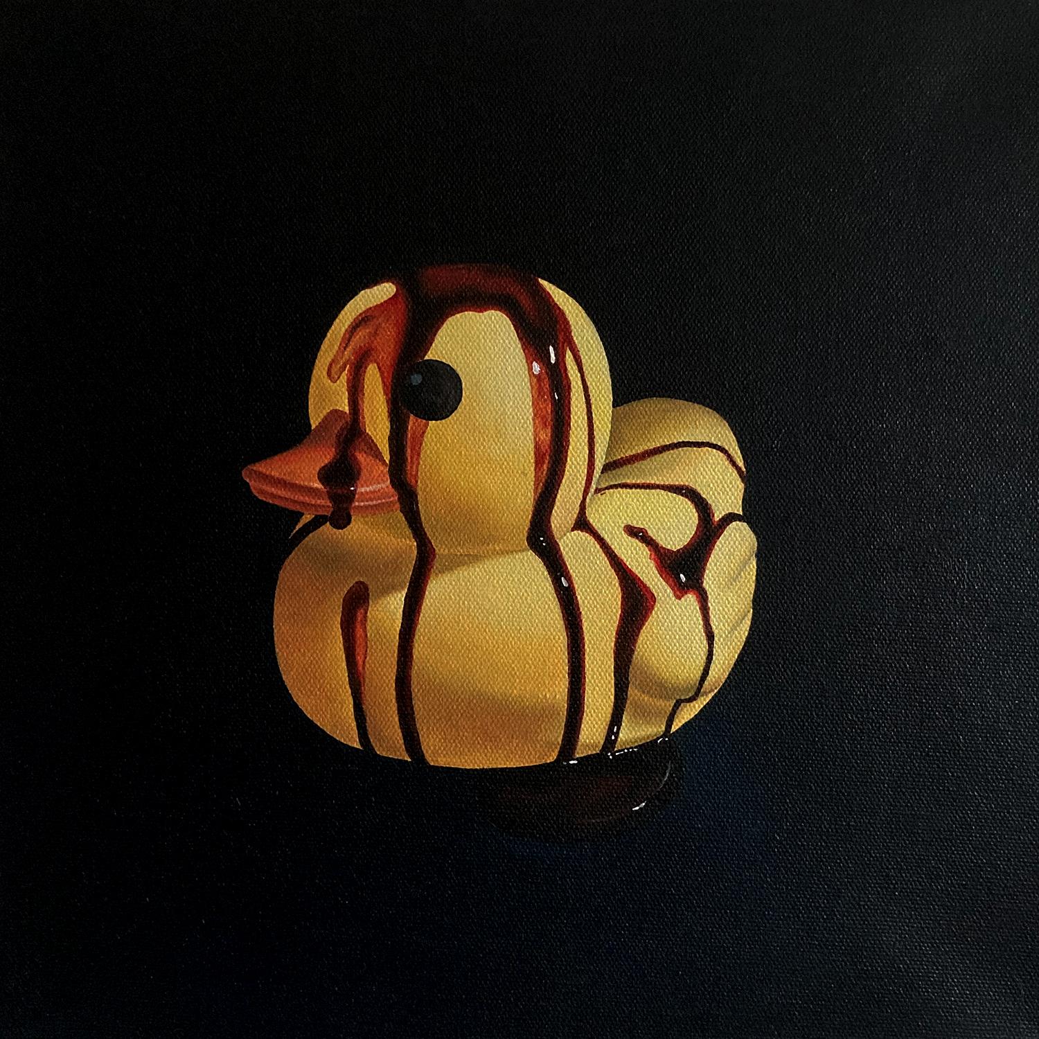 "Untitled", oil painting, rubber duck, toy, black, yellow, red - Painting by Dalvin Byron