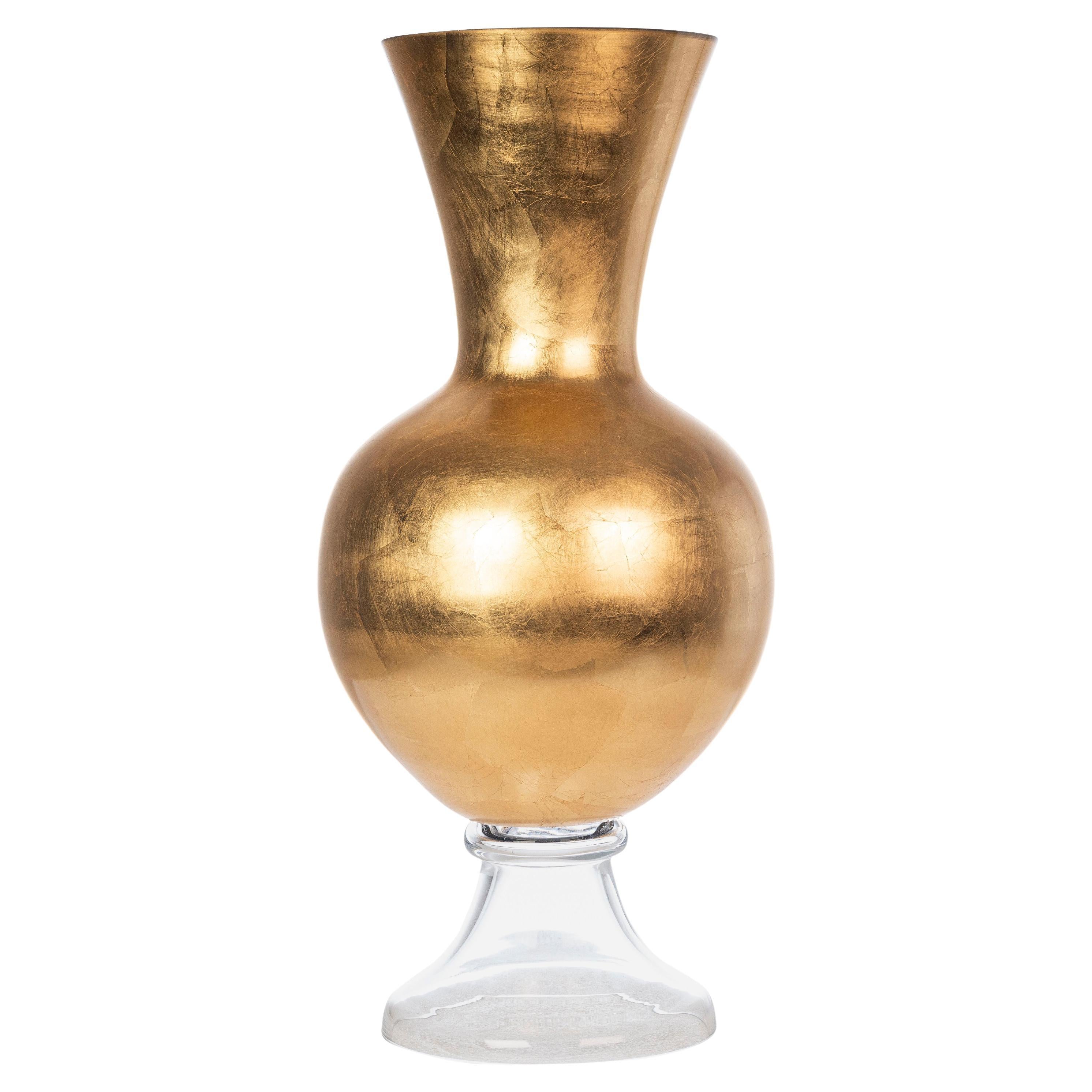 Dama Vase, Clear Base and Golden Leaf Finish Bowl, Italy For Sale