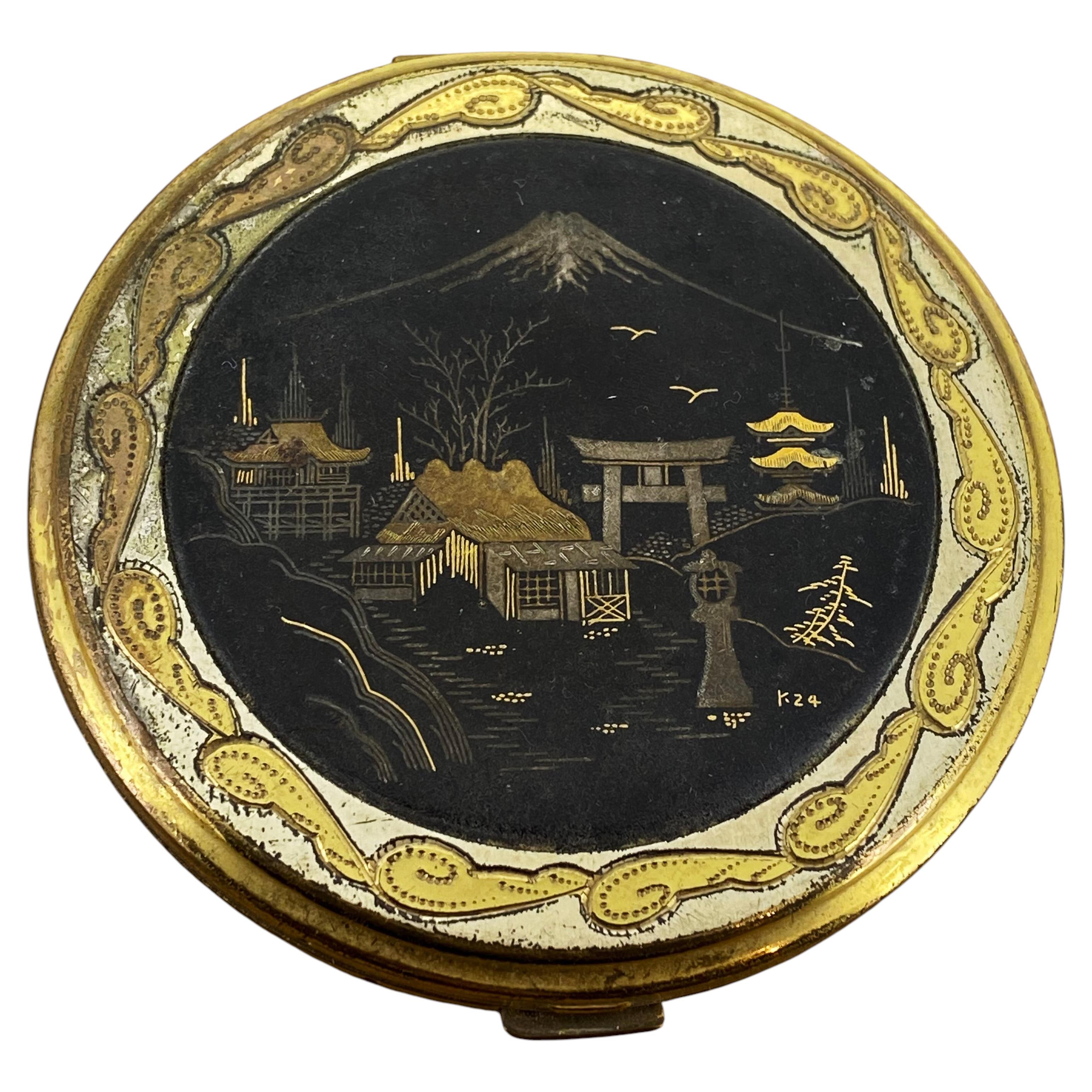 Damascene Japanese Lacquer Silver & 24K Gold-Inlaid Compact / Powder with Mirror For Sale