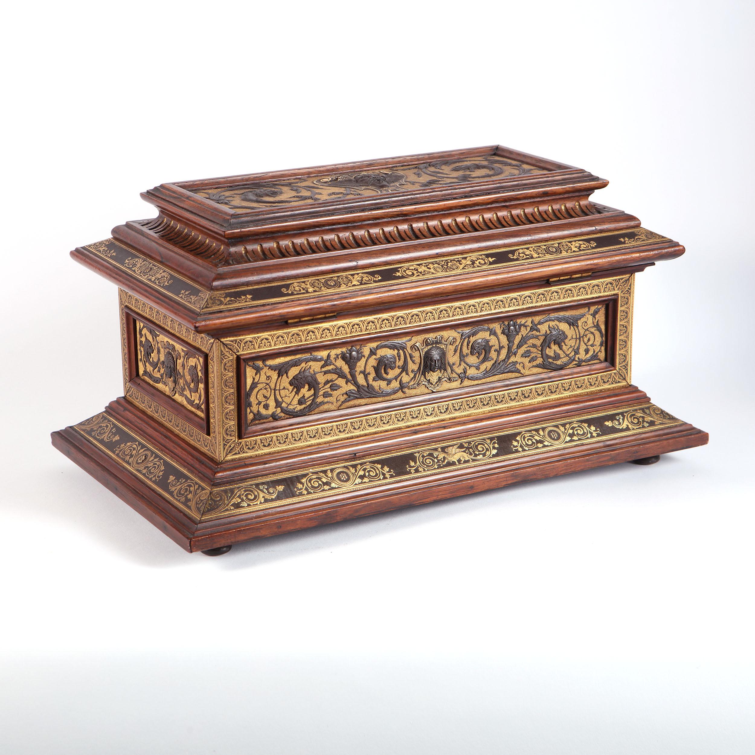 A magnificent Renaissance revival casket in the form of an Italian Cassone, this casket is based directly on another made by Plácido Zuloaga for Alfred Morrison, now known as the 'Fonthill Casket'. Our wooden casket is inset with five main panels of