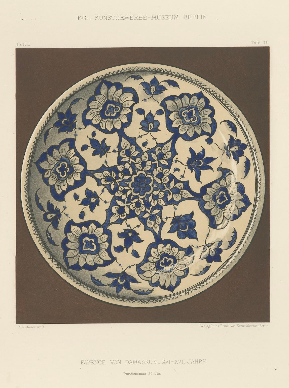 Damaszener Fayence Teller mit blauem Blumenornament - Julius Lessing, Berlin 1890 (Papier) im Angebot