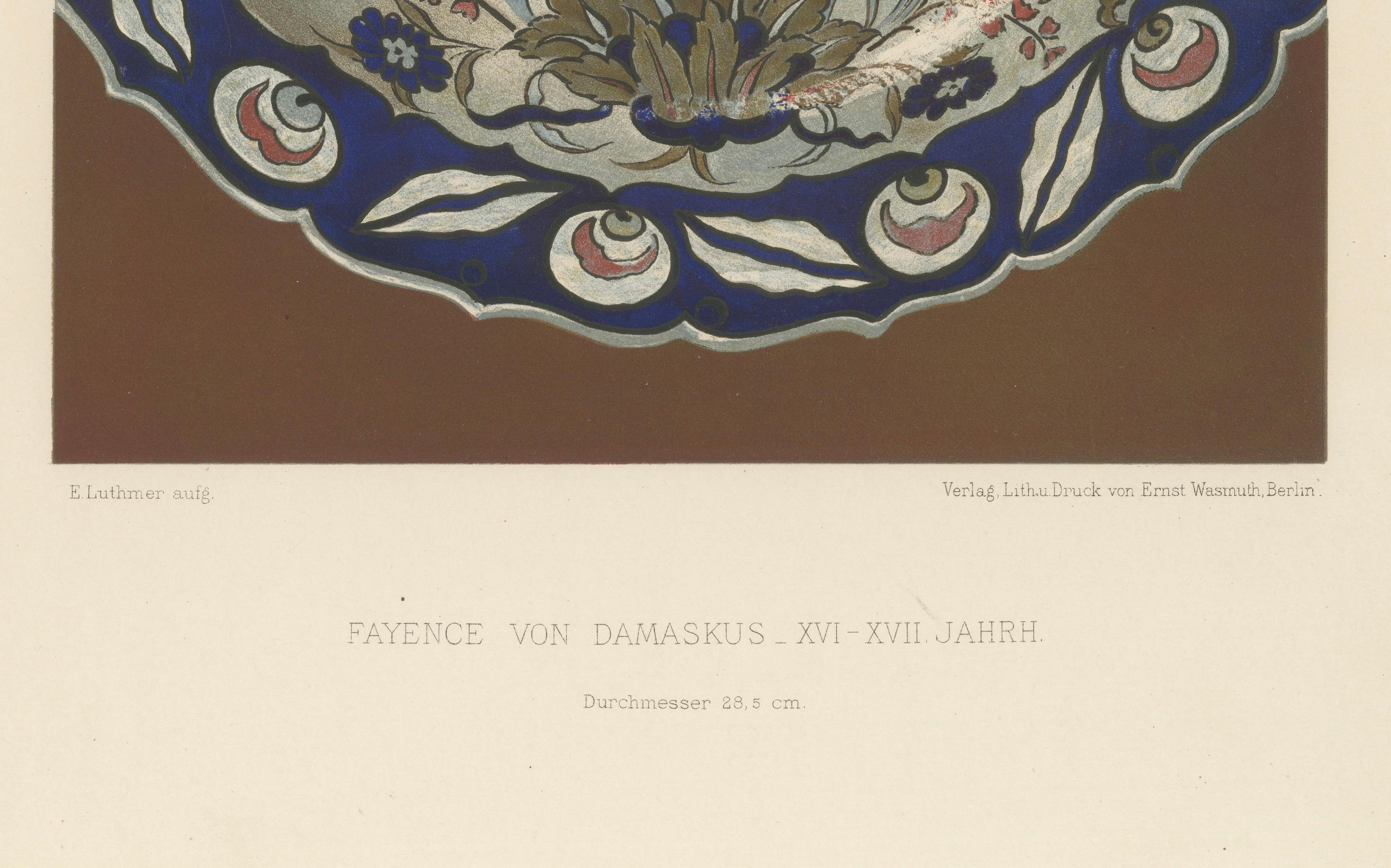 Damaszener Fayence Teller mit Nelken und Tulpen - Julius Lessing, Berlin 1890

Beschreibung:
Eine eindrucksvolle Chromolithografie aus Julius Lessings Persisch-Türkische Fayencen, herausgegeben von Ernst Wasmuth, Berlin, im Jahr 1890 als Teil der