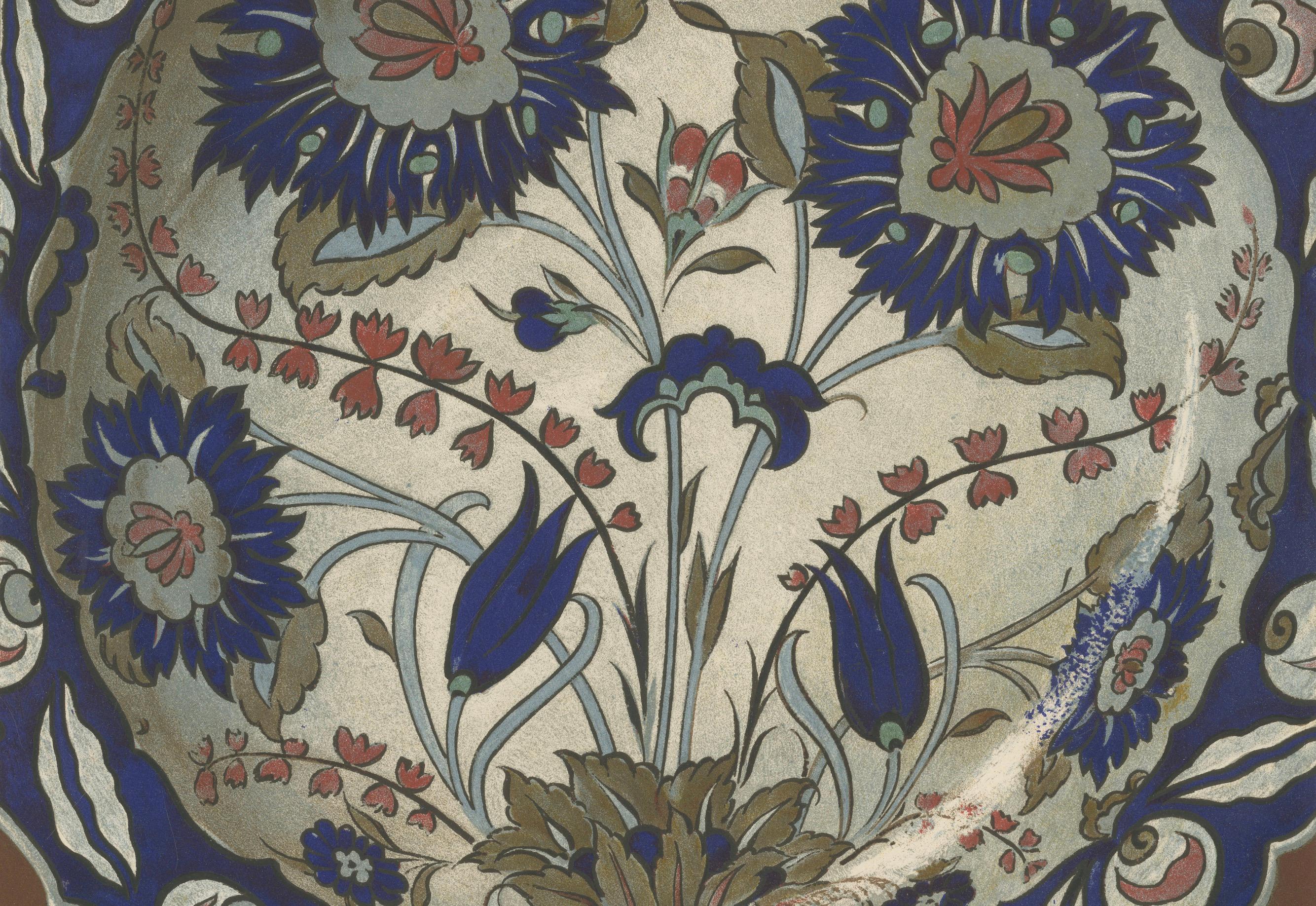 Damaszener Fayence Teller mit Nelken und Tulpen - Julius Lessing, Berlin 1890 im Zustand „Gut“ im Angebot in Langweer, NL