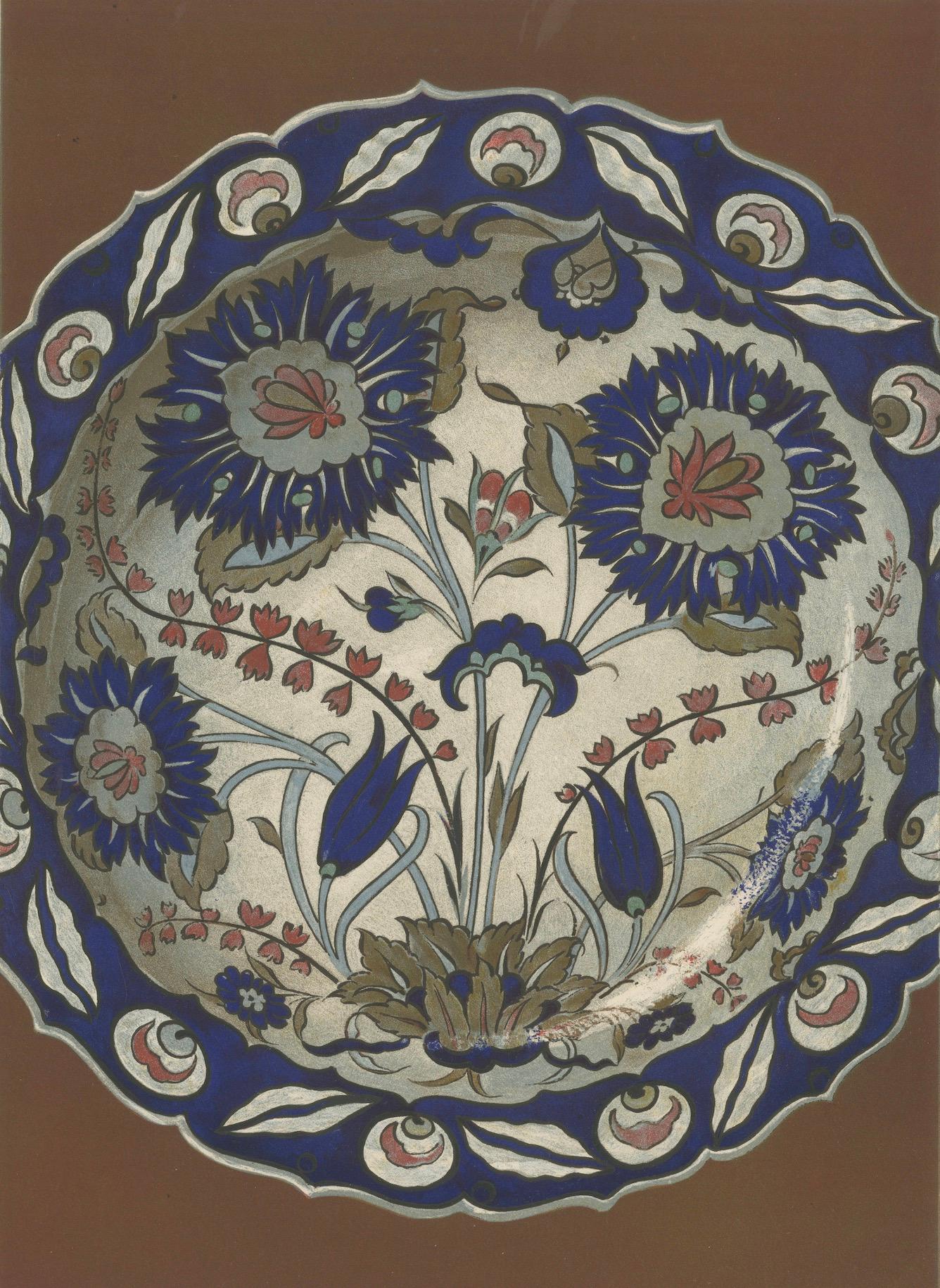 Damaszener Fayence Teller mit Nelken und Tulpen - Julius Lessing, Berlin 1890 (Spätes 19. Jahrhundert) im Angebot