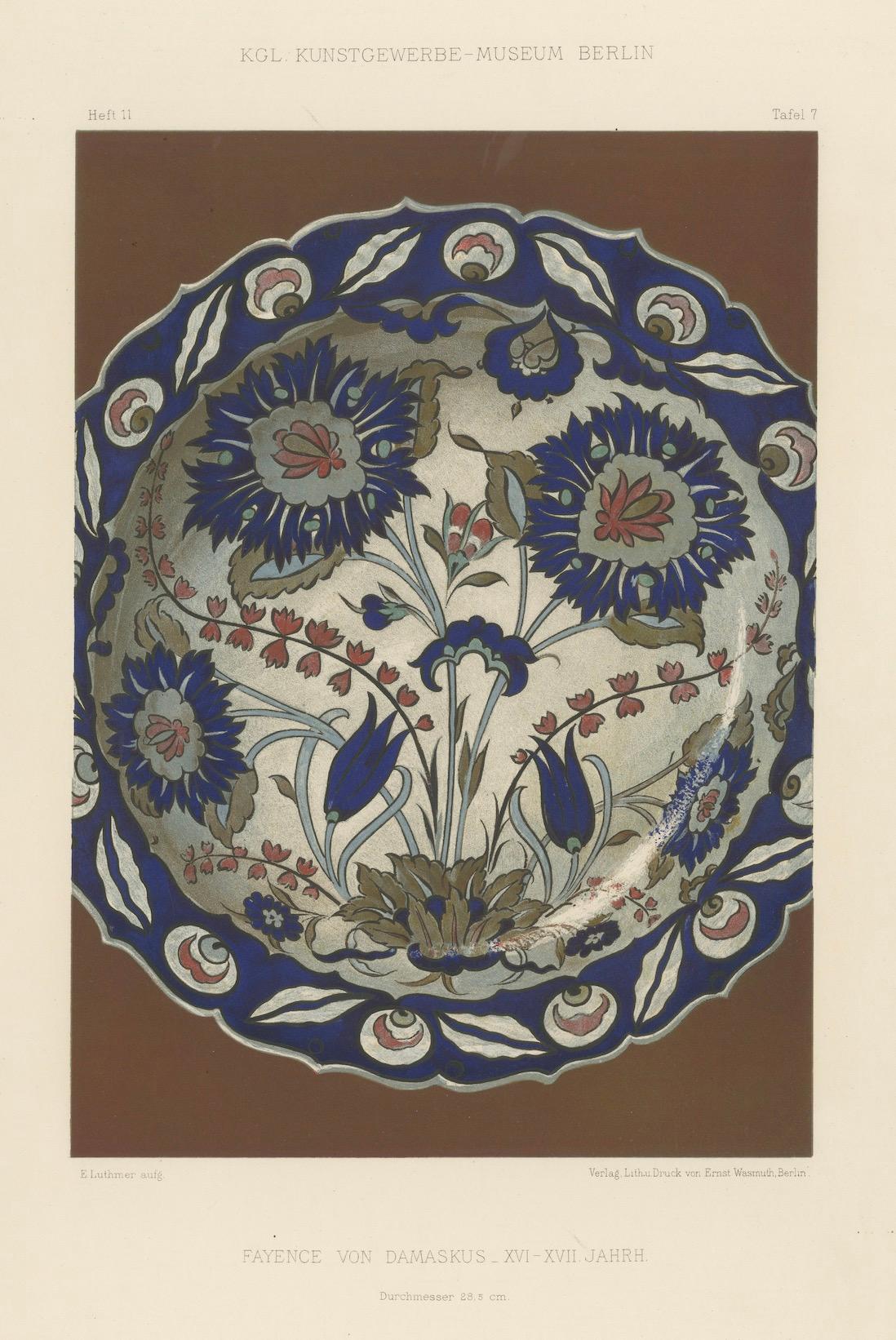 Damaszener Fayence Teller mit Nelken und Tulpen - Julius Lessing, Berlin 1890 (Papier) im Angebot