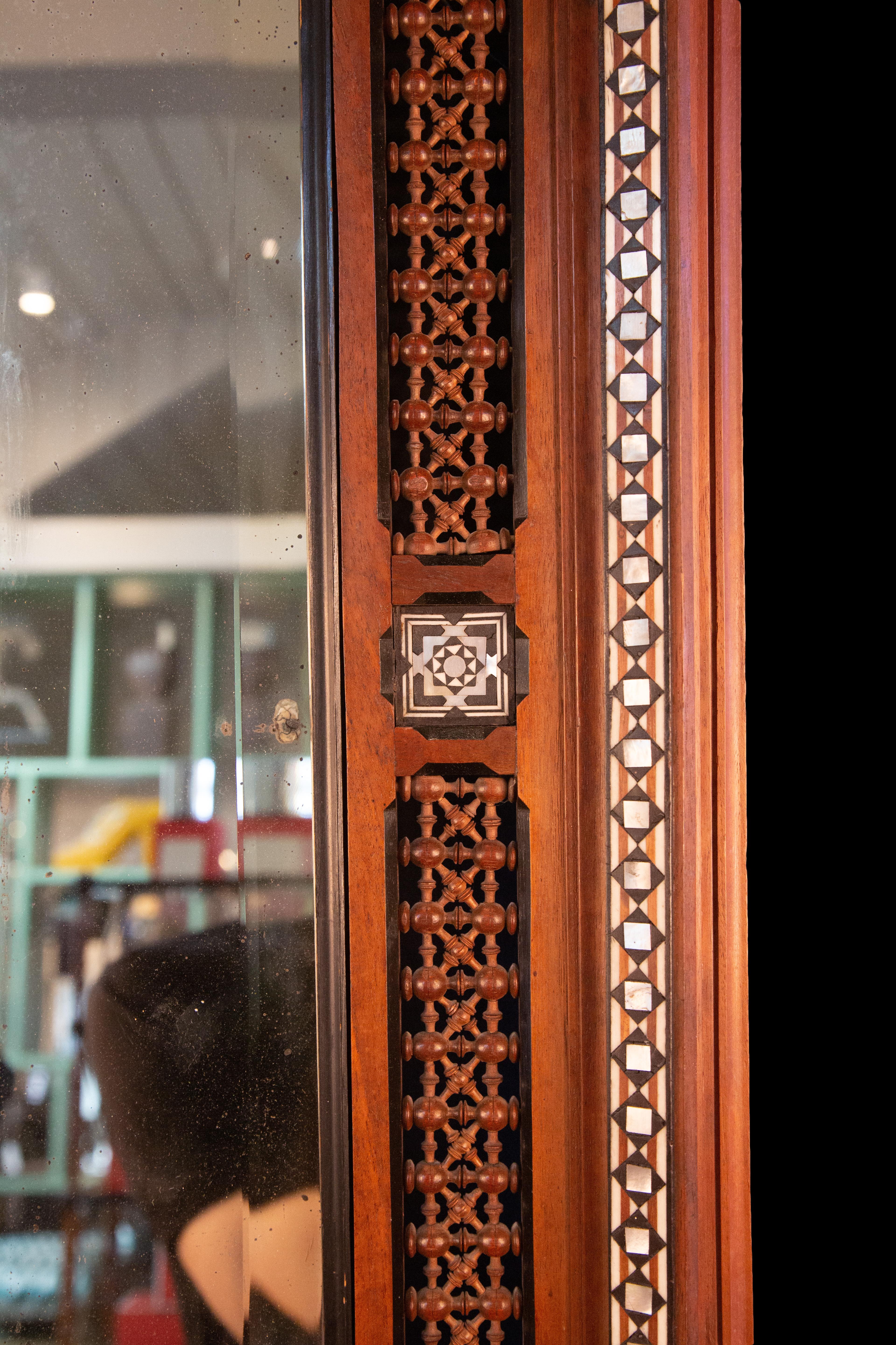 Inlay Early 20th Century Damascus Inlaid Bone and Wood Wall Mirror For Sale