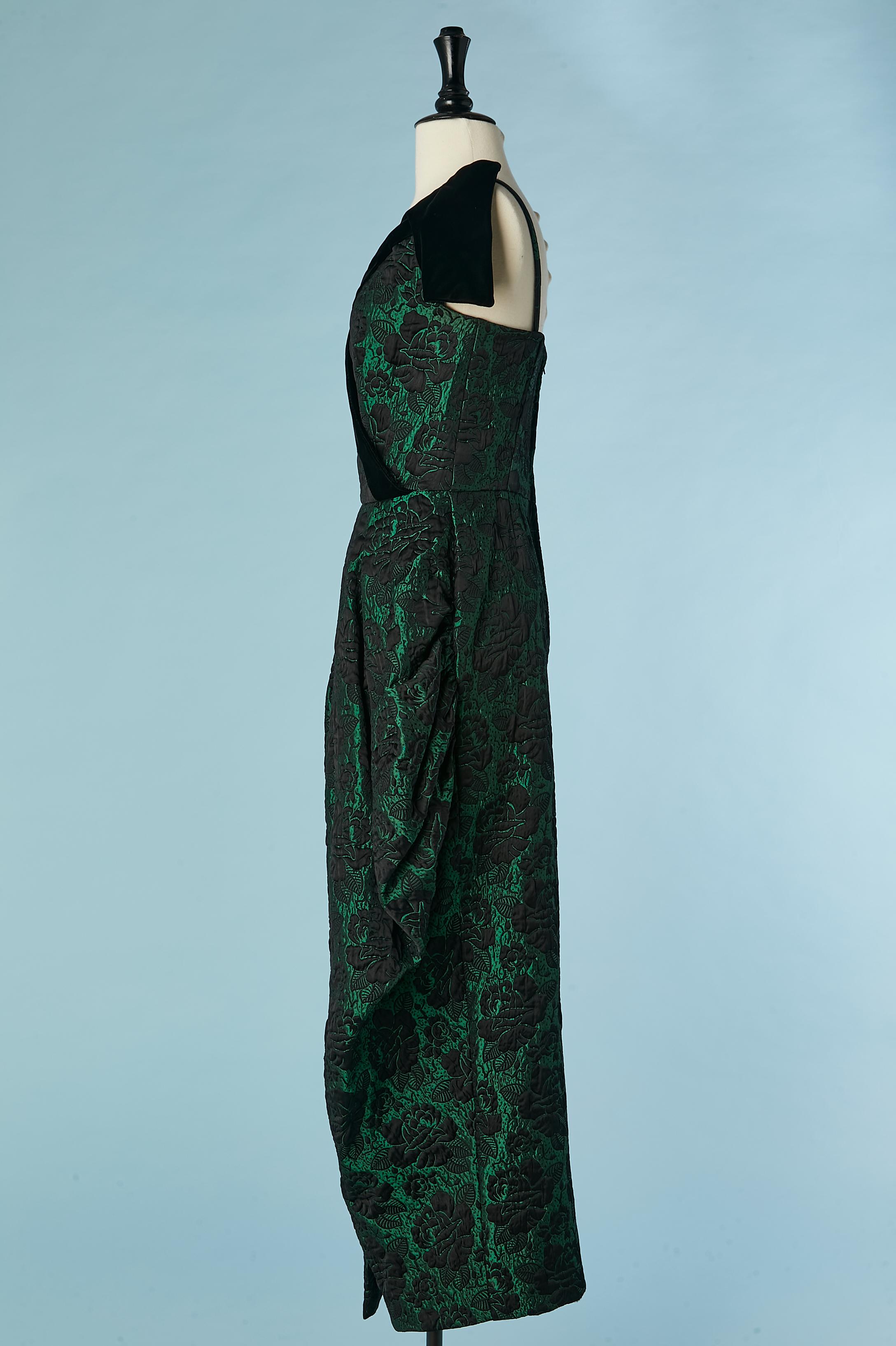 Damask evening dress with black velvet neckline Lydia Carlton In Excellent Condition For Sale In Saint-Ouen-Sur-Seine, FR