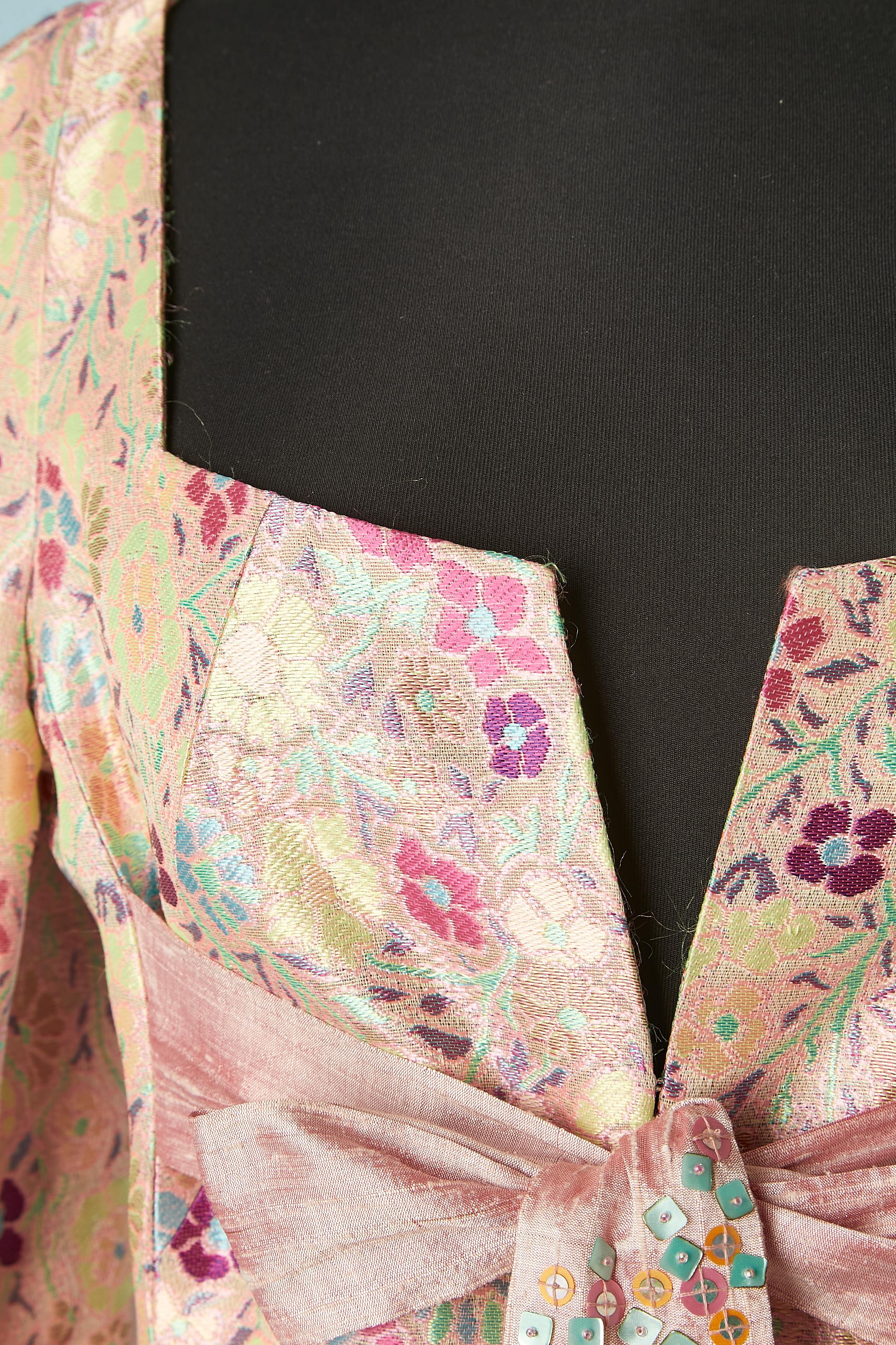 Beige Damask evening jacket with raw silk bow & beads fringes Christian Lacroix BAZAR For Sale