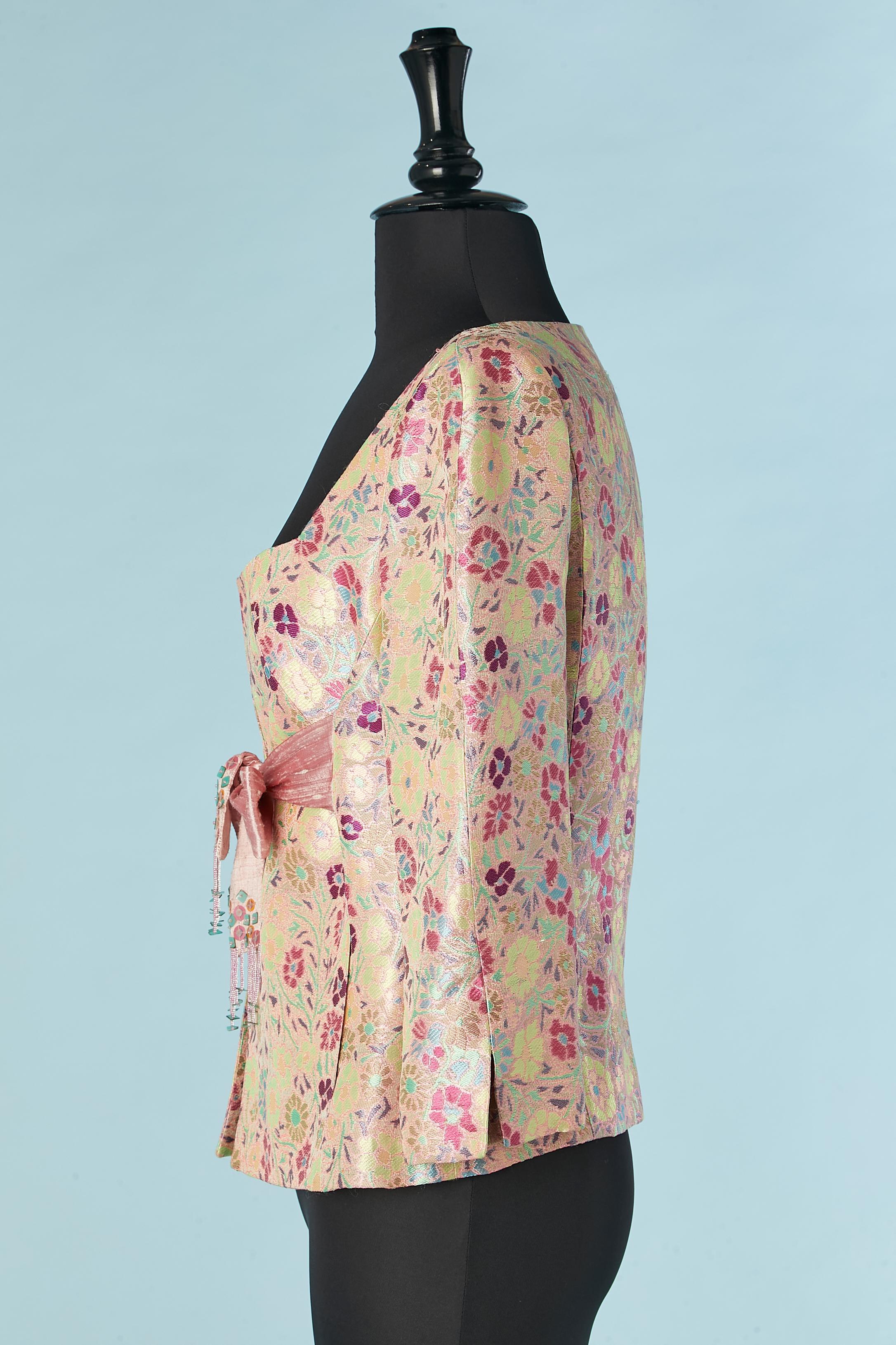 Women's Damask evening jacket with raw silk bow & beads fringes Christian Lacroix BAZAR For Sale