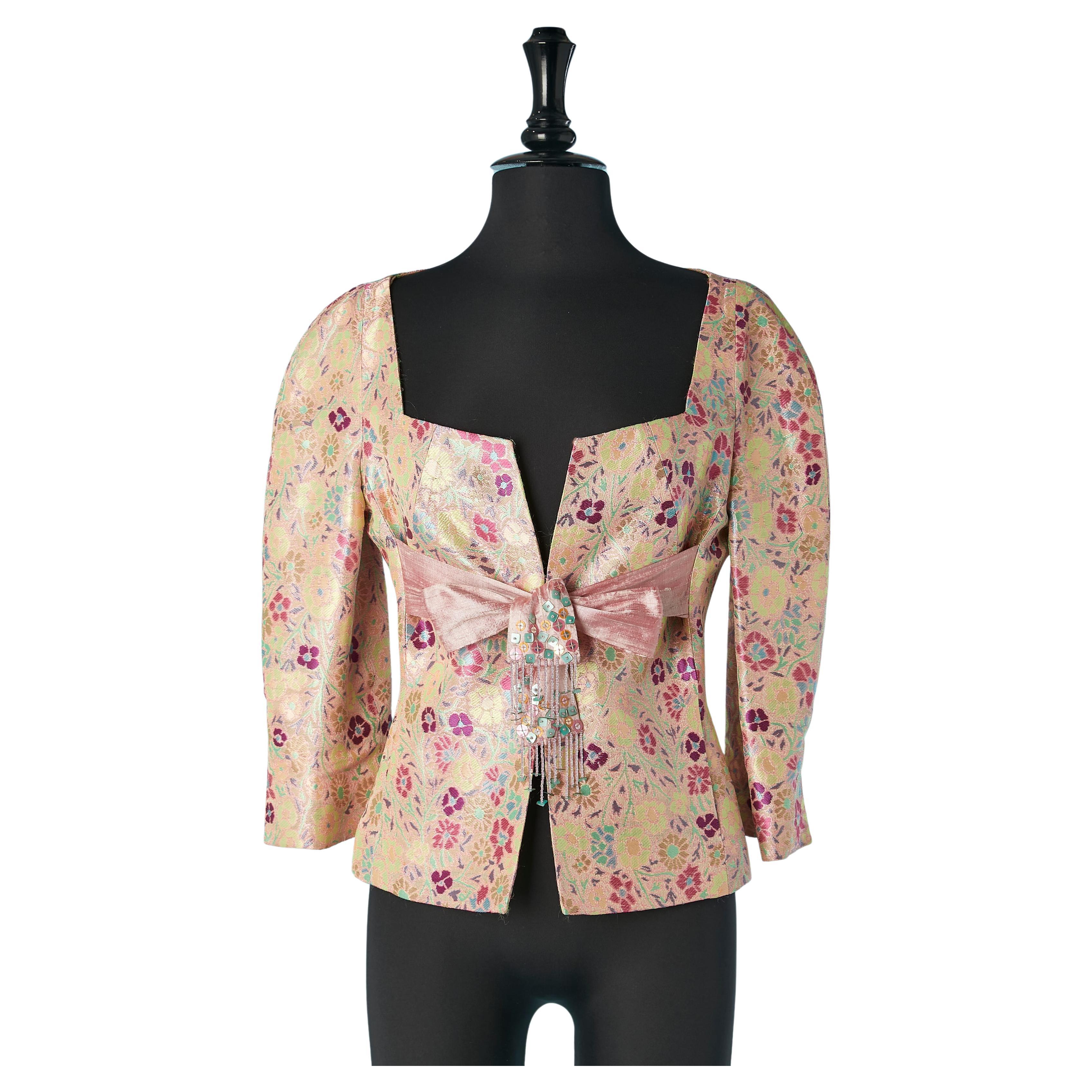 Damask evening jacket with raw silk bow & beads fringes Christian Lacroix BAZAR For Sale