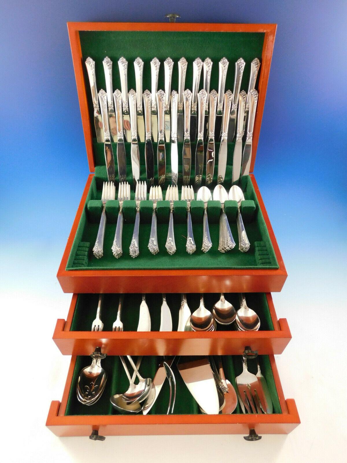 Monumental damask rose by Oneida sterling silver flatware set, 188 pieces. This set includes:

24 knives, 8 3/4