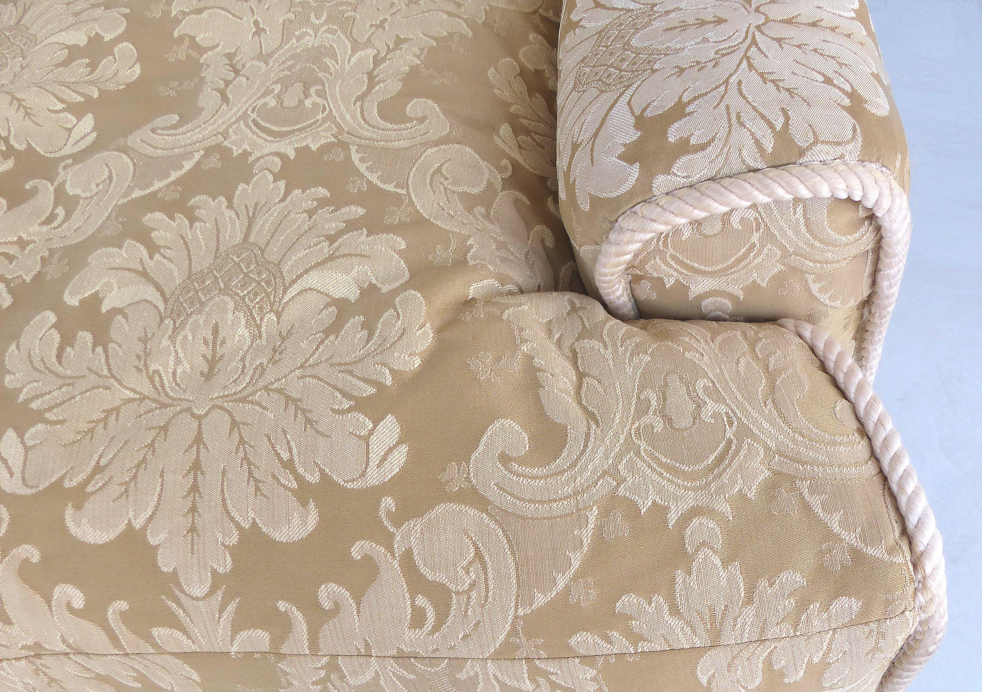 Damask Upholstered Plush Sofa with Rope Trim and Pleated Skirt In Good Condition In Miami, FL