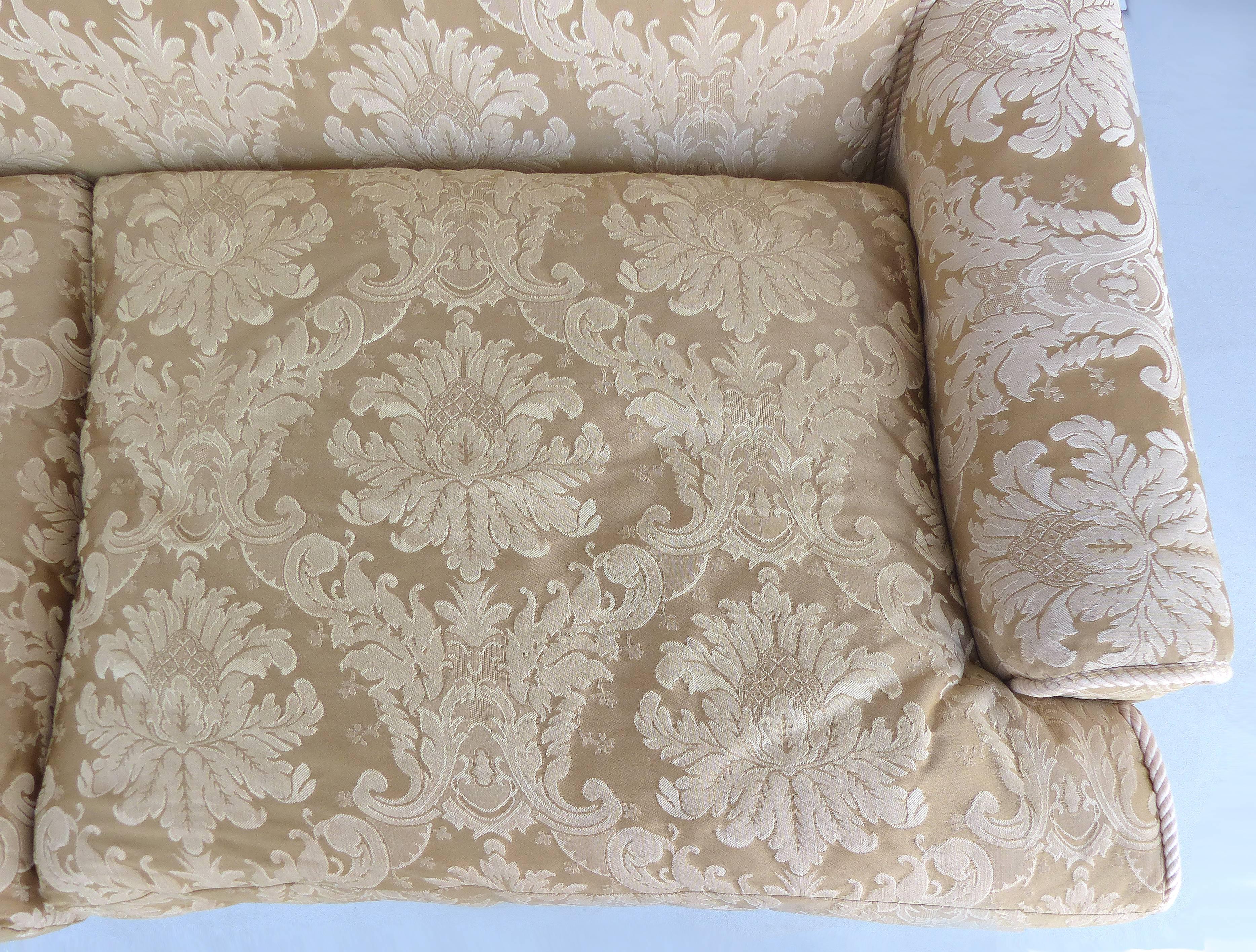 20th Century Damask Upholstered Plush Sofa with Rope Trim and Pleated Skirt