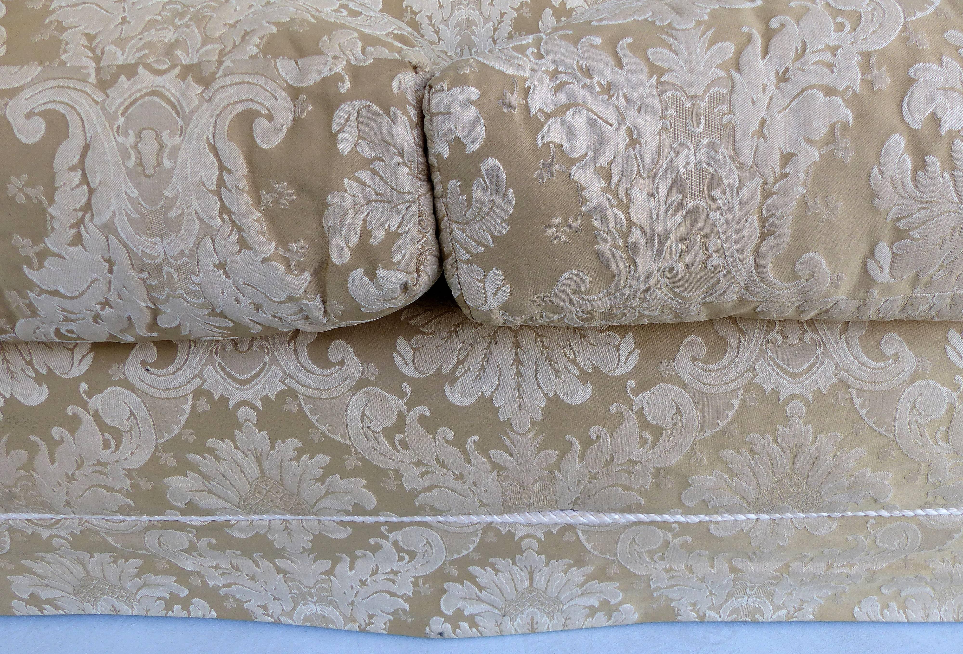 Damask Upholstered Plush Sofa with Rope Trim and Pleated Skirt 1