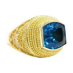 Damaskos 18 Karat London Blue Topaz and Diamond Large Ring